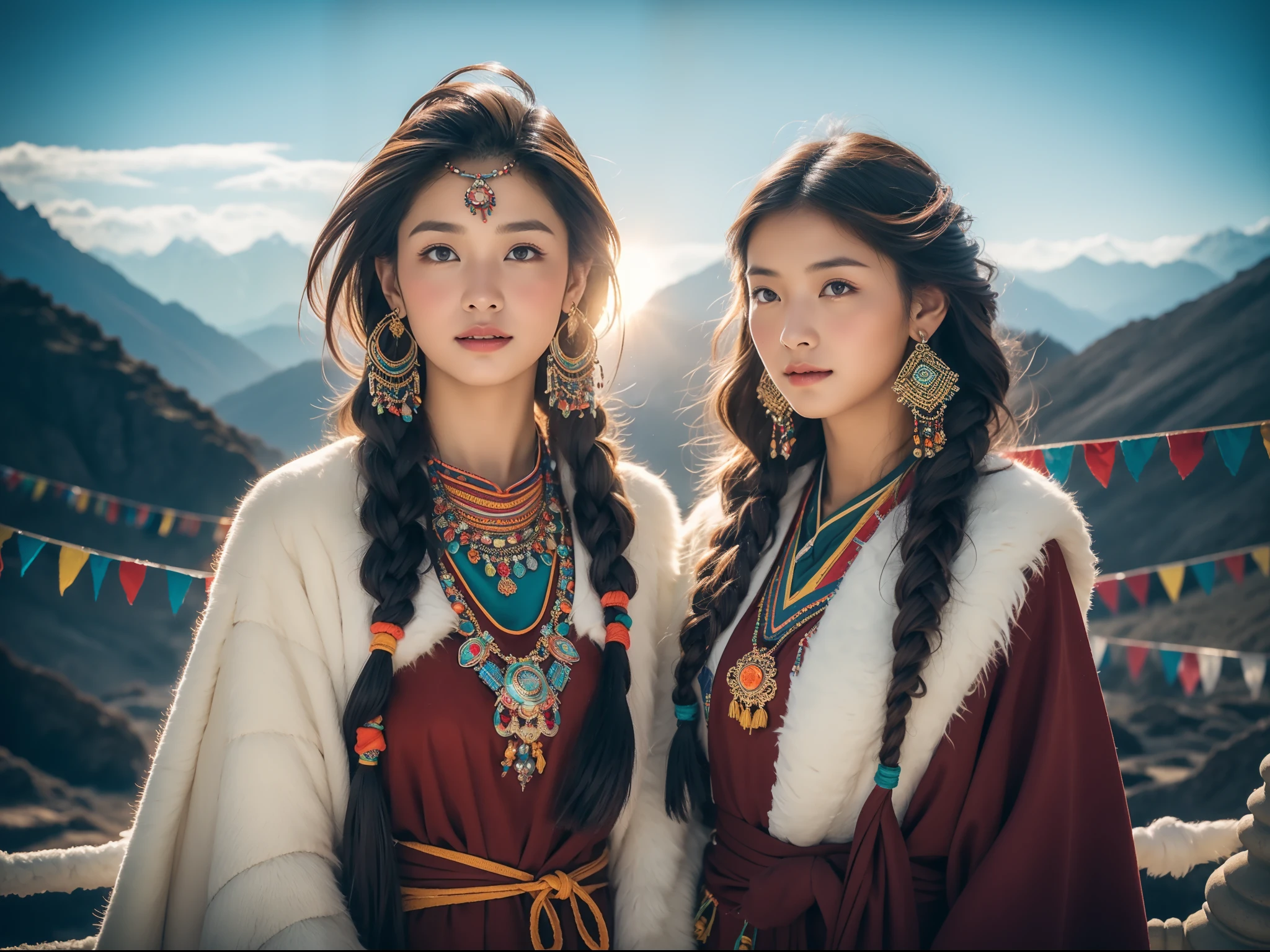 (Best quality,8K,A high resolution,Masterpiece:1.2),(Dark brown skin, Textured skin, Highland flushed face, Sunburn, tanned, sunspot), Beautiful Tibetan girl in snowy mountains, prayer flags, Tibetan culture, Bright eyes, Traditional Tibetan art costumes, Tibetan robes, Tibetan headdress, Tibetan jewelry, Turquoise, amber, Observe the audience, Ultra-fine details, upscaled. Soft lighting, ultra - detailed, High quality, Vivid colors, Bokeh, hdr, hyper HD, Professional photography style.