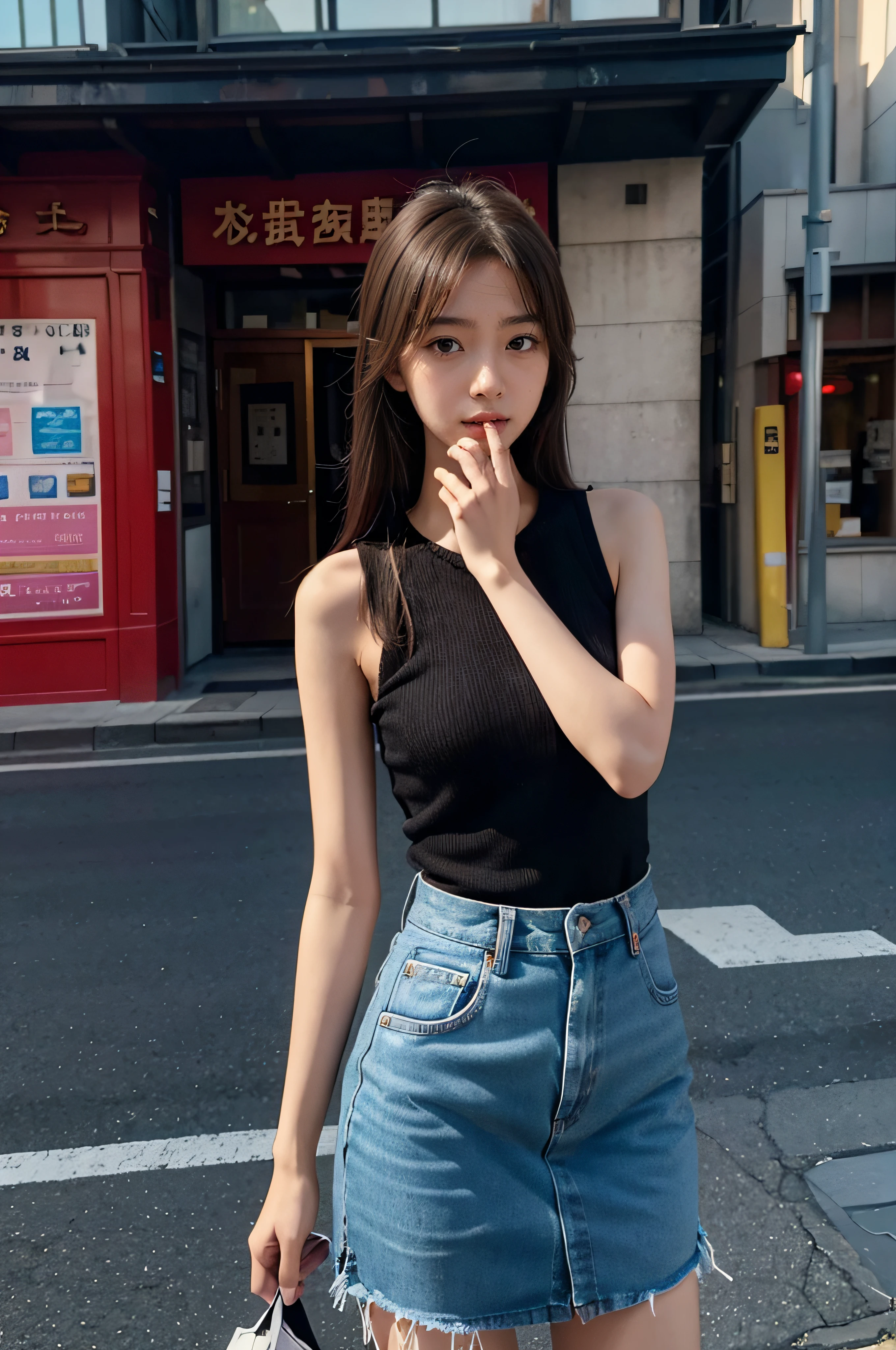 1girl in, Cute, 年轻, skinny, (3N1DS1NCL41R:0.9), photos realistic, Extreme Detail, street pic, {Best Quality}, {{masutepiece}}, {hight resolution}