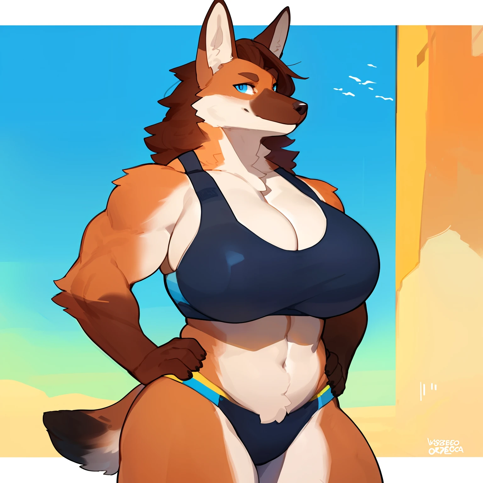 By greasymojo, by bebebebebe, by bigcozyorca, by walter sache, by wsache, solo, standing, female, canine, maned wolf, (((snout, hair))), muscular, athletic, thick thighs, plump, big biceps, big breasts, sports bra, cleavage, looking at viewer, hands behind back