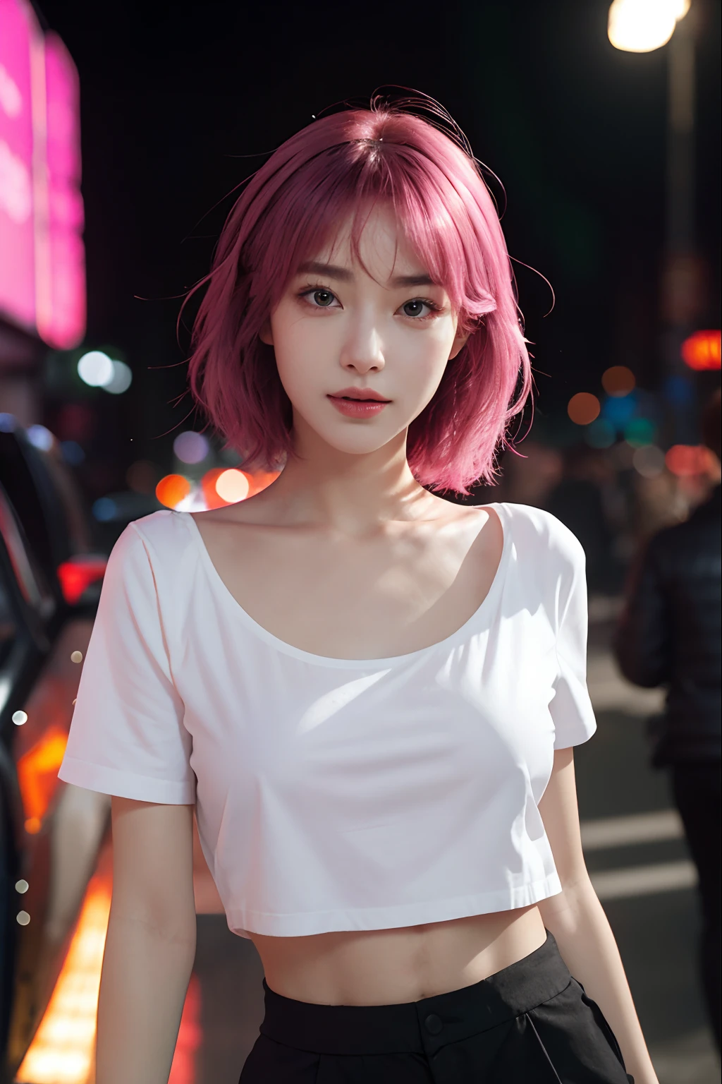 Ultra-realistic 8K CG,s the perfect face,flawless perfection,Ren,tmasterpiece,professionalartwork,famousartwork,s the perfect face,beauitful face,beautidful eyes,((Perfect female body)),独奏,(ring:1.2),(immersiveatmosphere,lightand shade contrast:1.5,Bright light:1.2,lumnious),,(Blushlush:0.5),Enchanting expression,Ultimate detail_The eye,Rough and hard,mideum breasts,Exquisite background,depth of fields,photorealestic:1.3,Faraway view,1girll,,Combat posture,full bodyesbian,(ambient lights:1.3),(cinematic compositions:1.3),(neonlight:0.1),(hdr:0.1),emphasis lighting,Black shorts,A pink-haired,,Black short sleeves