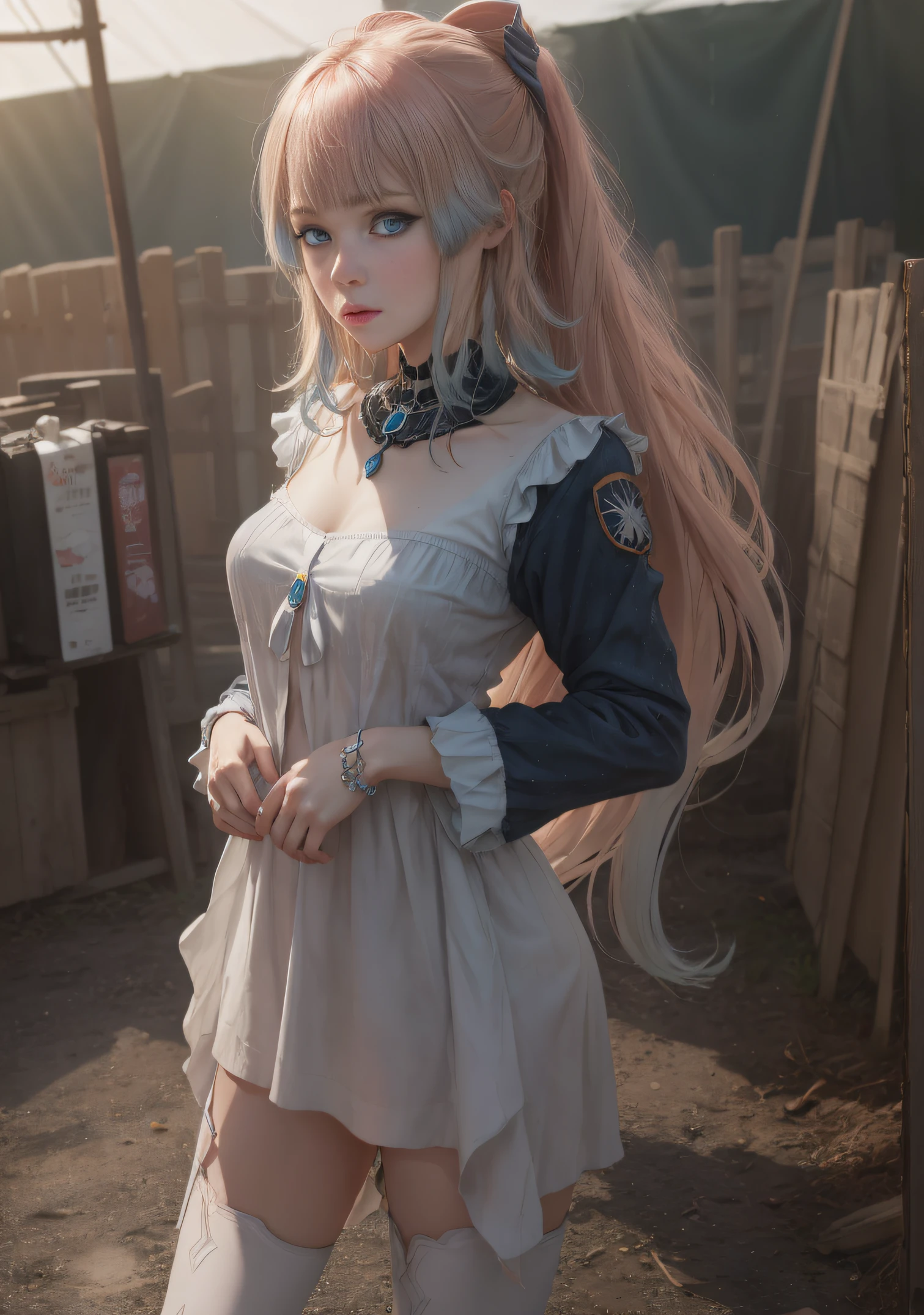 The girl stands and looks at the camera, A girl stands at a fair in the rain, heavy rain, blue eyes and dark hair, pony tail, wet clothing, dark sky, Thin, Wet waist, Slender figure, Appearance of the model, confusion, sexuality, Beautiful ears, green colored eyes, little chest, wet clothing, (Clothes shine through), (visible through clothes), Sweet girl, attractive anime girl, beautiful anime girl, Cute beautiful anime woman, detailed digital anime art, beautiful anime girl, beautiful anime girl, Anime with small details, Best Quality, Masterpiece, Ultra-detailed, Beautiful, hight resolution, Original,CG 8K ультрареалистичный, perfect artwork, beatiful face, Face Clean, Skin, hyper realistic, Ultra Detailed, A detailed eye, dramatic  lighting, (Realistic) Realistic, Full HD, Best Quality, Best Quality, Beautiful lighting, (8k wallpaper of extremely detailed CG unit), High Details, sharp-focus, The art of dramatic and photorealistic painting, Bare leg,