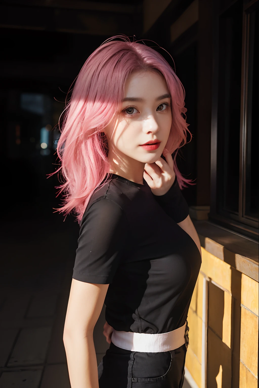 Ultra-realistic 8K CG，s the perfect face，flawless perfection，Ren，tmasterpiece，professionalartwork，famousartwork，s the perfect face，beauitful face，beautidful eyes，（（Perfect female body）），独奏，（ring：1.2），（immersiveatmosphere，lightand shade contrast：1.5，Bright light:1.2,lumnious),,(Blushlush:0.5),Enchanting expression,Ultimate detail_The eye,Rough and hard,mideum breasts,Exquisite background,depth of fields,photorealestic:1.3,Faraway view,1girll,，Combat posture，full bodyesbian，（ambient lights：1.3），（cinematic compositions：1.3），（neonlight：0.1），（hdr：0.1），emphasis lighting，Black  shorts，A pink-haired，，Black short sleeves