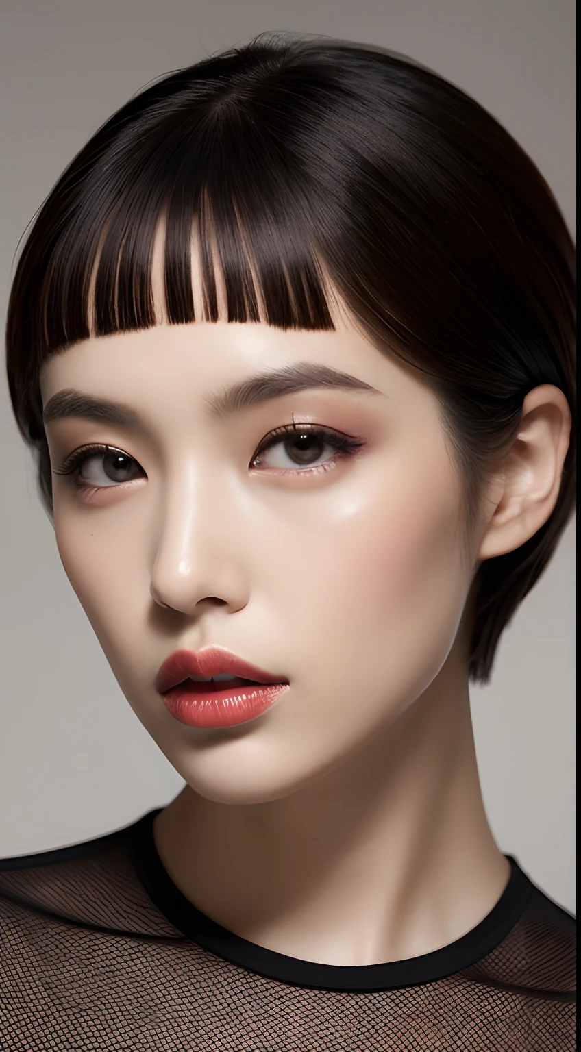 2024 trend makeup for Japanese female model, Textured Haircut, editorial fashion, hyper resolution