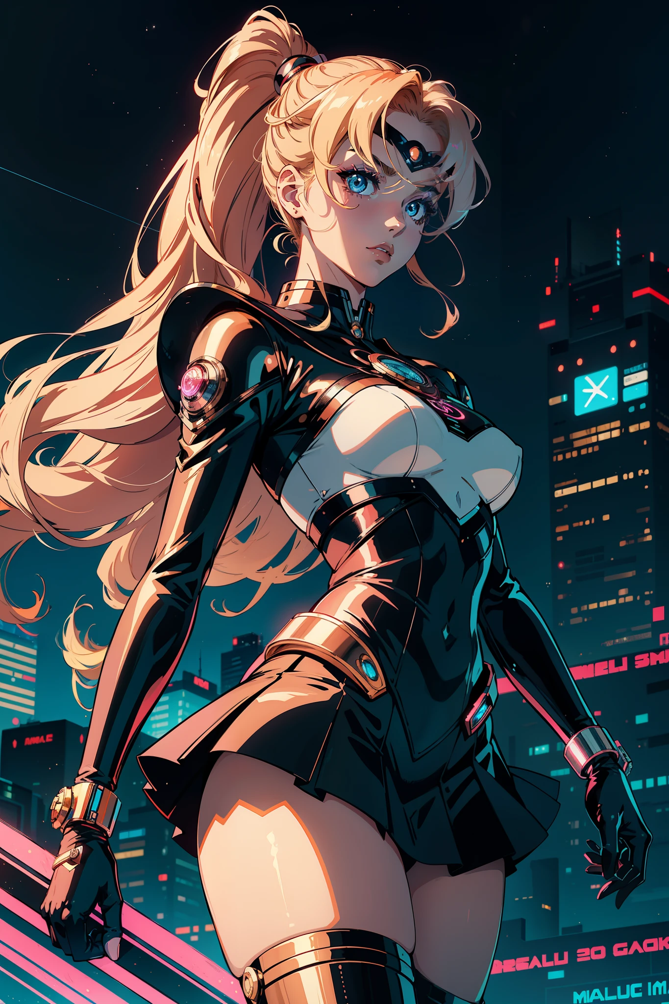 A futuristic reimagining of Sailor Moon and her team, with skirt metallic armor and neon accents that showcase their strength and power."perfect faces asymmetric, perfect eyes, femme fatal pose, with wavy long, hair ginger, perfect lips, perfect nose, eyes brow, environmental city; modern clothes, and sleek design , guns in pan, bold colors, and a-line silhouette, camera, , portrait, anime stile 90, realistic draw, (masterpiece, best quality, high quality, highres, ultra-detailed), realistic texture,