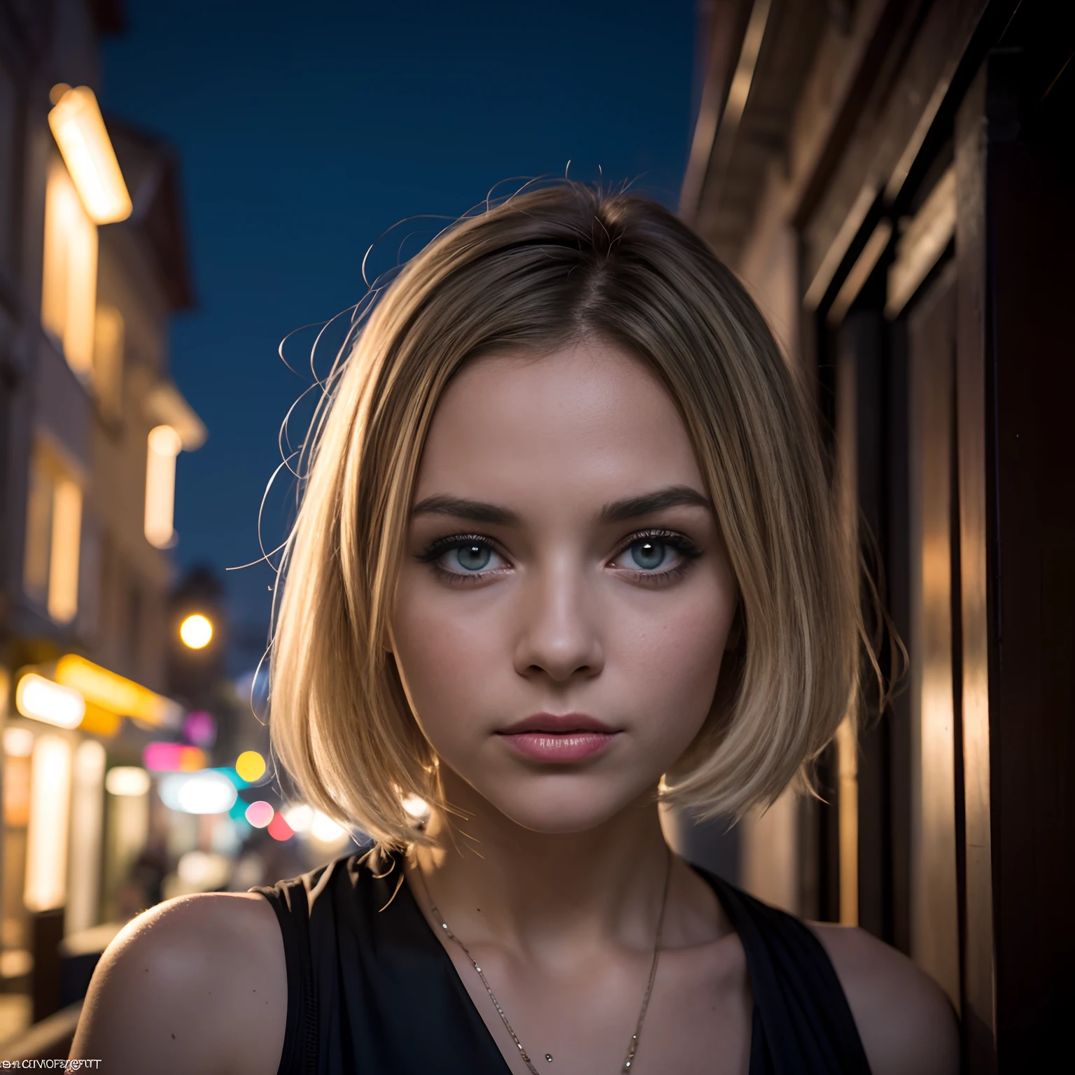 (Selfie, Plan: 1.4), (corps entier), RAW UHD portrait photo of a 24-year-old blonde (Femme aux yeux bleus) Marcher dans une ruelle sombre, Ville la nuit, (rocher), (Encolure), specifics (Tissu! , Cheveux! , Briller, Couleur!! , disadvantages: 1.1), Bright eyes with a high level of detail (staring into the camera), SLR lighting, Appareil photo reflex mono-objectif, ultra quality, re sharpness, profondeur de champ, Filmkorn (Milieu), Fujifilm XT3, Limpide, Rahmenmitte, beau visage, mise au point nette, street lamp, Neonbeleuchtung, Bokeh (dimly lit), Nuit, (Ciel nocturne), Detailed skin pores, peau grasse, Coup de soleil, Complex eyesDetails, corps entier entier