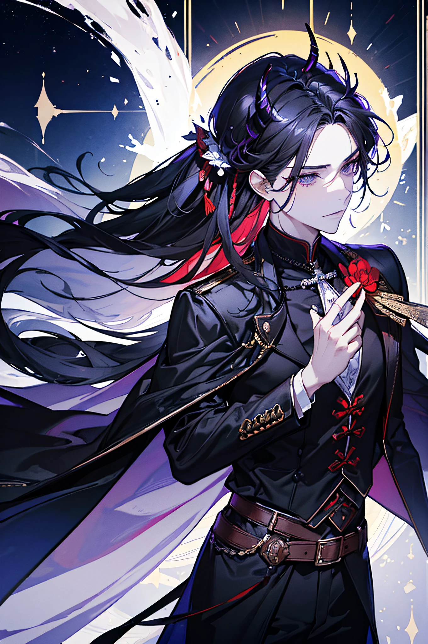 (masterpiece, Top quality, best quality, official art, beautiful and aesthetic: 1,2), ((1 man)), masculine, elegant, expresive eyes, (fraktale Kunst: 1,3), colorful, very detailed, (perfect face), half body, looking at viewer, dutch angle, cowboy shot, (long black hair), ponytail, (purple eye color), long elf like ears, two long demon horns on the head, leather armor, Clothing for the Middle Ages, assasin, dagger, light smile, HDR, (white gold lines: 1,2), Galaxie, (Lichtstreifen), eye-catching graphics, (dynamische Streifen, leuchtende Spuren: 1,2), lebendige Farben, (phoenix), (Drache), (Referenzblatt:1.5)