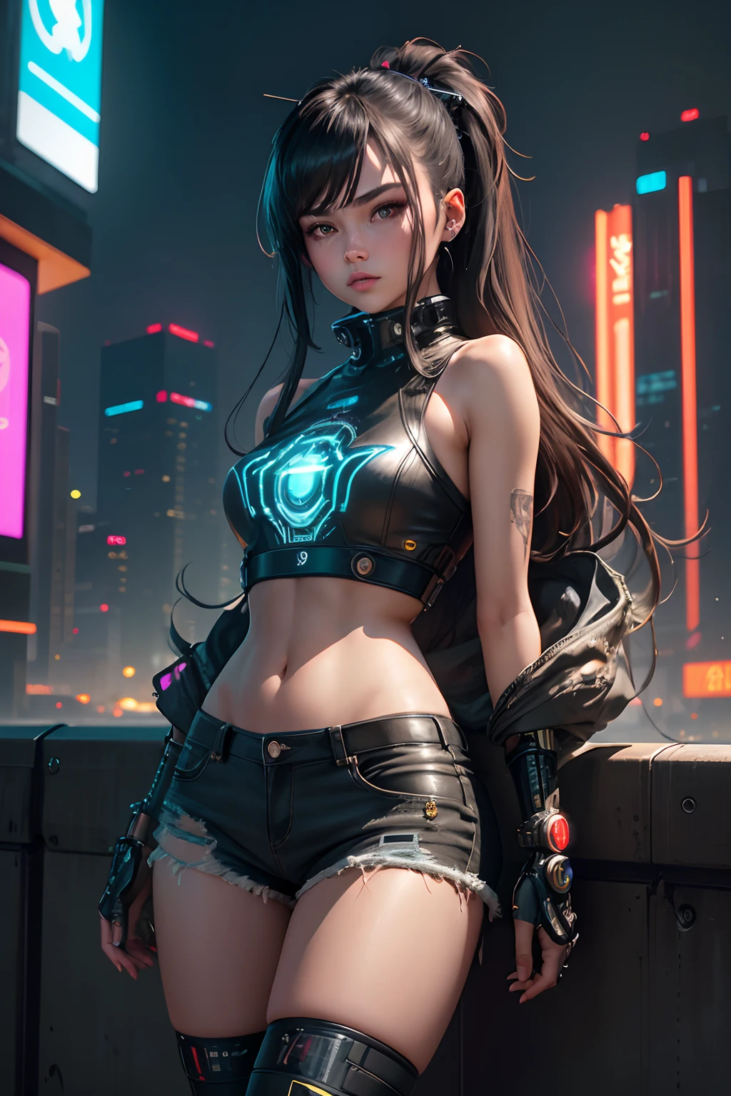 Create an alluring and striking cyberpunk scene featuring a captivating young woman who seamlessly blends human and cyborg elements. She stands confidently amidst the neon-lit cityscape, radiating a seductive yet enigmatic aura. The girl possesses a perfect fusion of human beauty and cybernetic enhancements. Her face displays a mix of human vulnerability and cybernetic enhancements, with subtle metallic accents and neon-colored lines that highlight her features. She's dressed in a rebellious yet stylish ensemble: denim shorts that accentuate her long, slender legs, and a loose tank top that reveals just enough to exude sensuality. The tank top should also have subtle neon trims that match the city's vibrant glow. Her hair flows in an unconventional but captivating style, with cybernetic enhancements peeking through her lustrous locks. The cityscape behind her is a futuristic blend of towering skyscrapers, holographic billboards, and bustling streets bathed in the neon glow of advertisements. Reflective surfaces and rain-slicked streets add to the atmospheric cyberpunk feel. The challenge is to capture the duality of her existence – both human and machine – in a way that's captivating and provocative. She should exude confidence and allure, inviting viewers into the intriguing world of cyberpunk where technology and humanity intertwine.