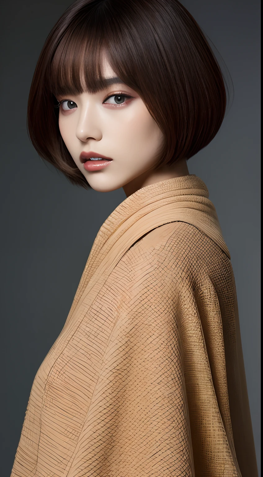 2024 trend makeup for Japanese female model, Textured Haircut, editorial fashion, hyper resolution