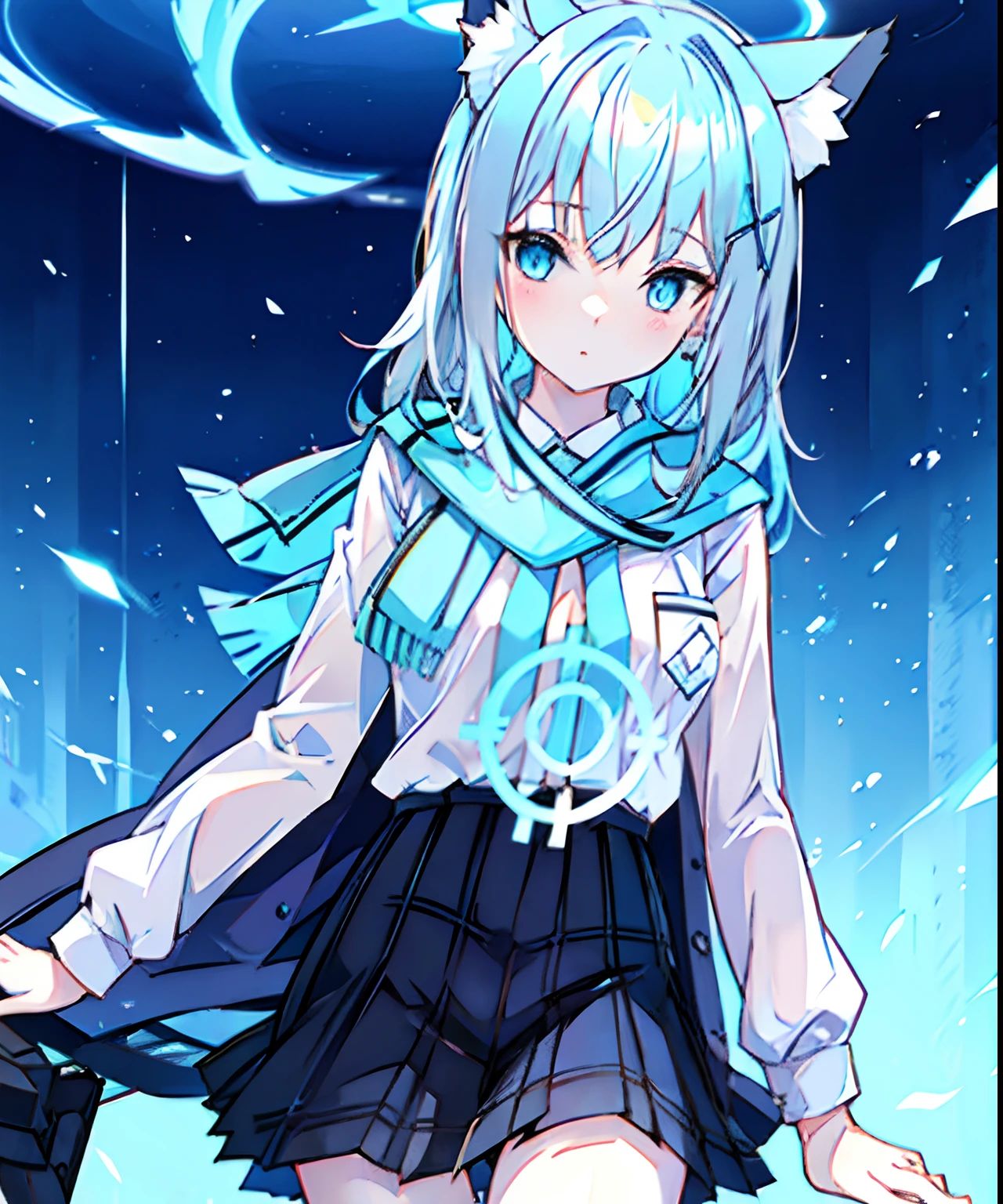 Long pale blue hair with a transparent texture，Light blue and white high school uniform，A standard good-looking girl,  cat ears,  head tilt,  short skirt,  medium breast,  shy face,  cat pose