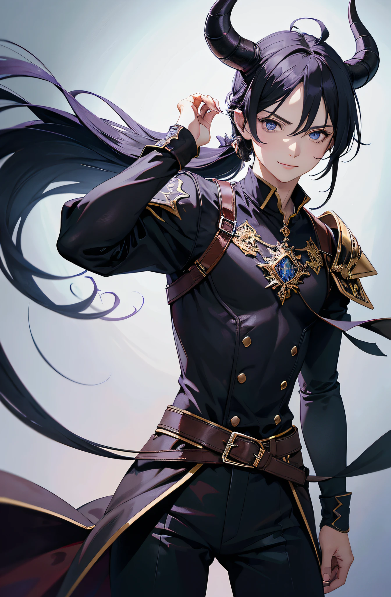 (Meisterwerk), best quality, ultra-high resolution, (Referenzblatt:1.5), ((Ein Mann)), Junge, masculine, elegant, Ausdrucksstarke Augen, Perfektes Gesicht, half body, Blick auf den Betrachter, dutch angle, CowJunge erschossen, (langes schwarzes Haar), Pferdeschwanz, (lila Augenfarbe), langelfenartige Ohren, two long demon horns on their heads, leather armor, Clothing for the Middle Ages, assasin, Dolch, easy smile, Detaillierter Hintergrund, Extreme Detailgenauigkeit, 4K