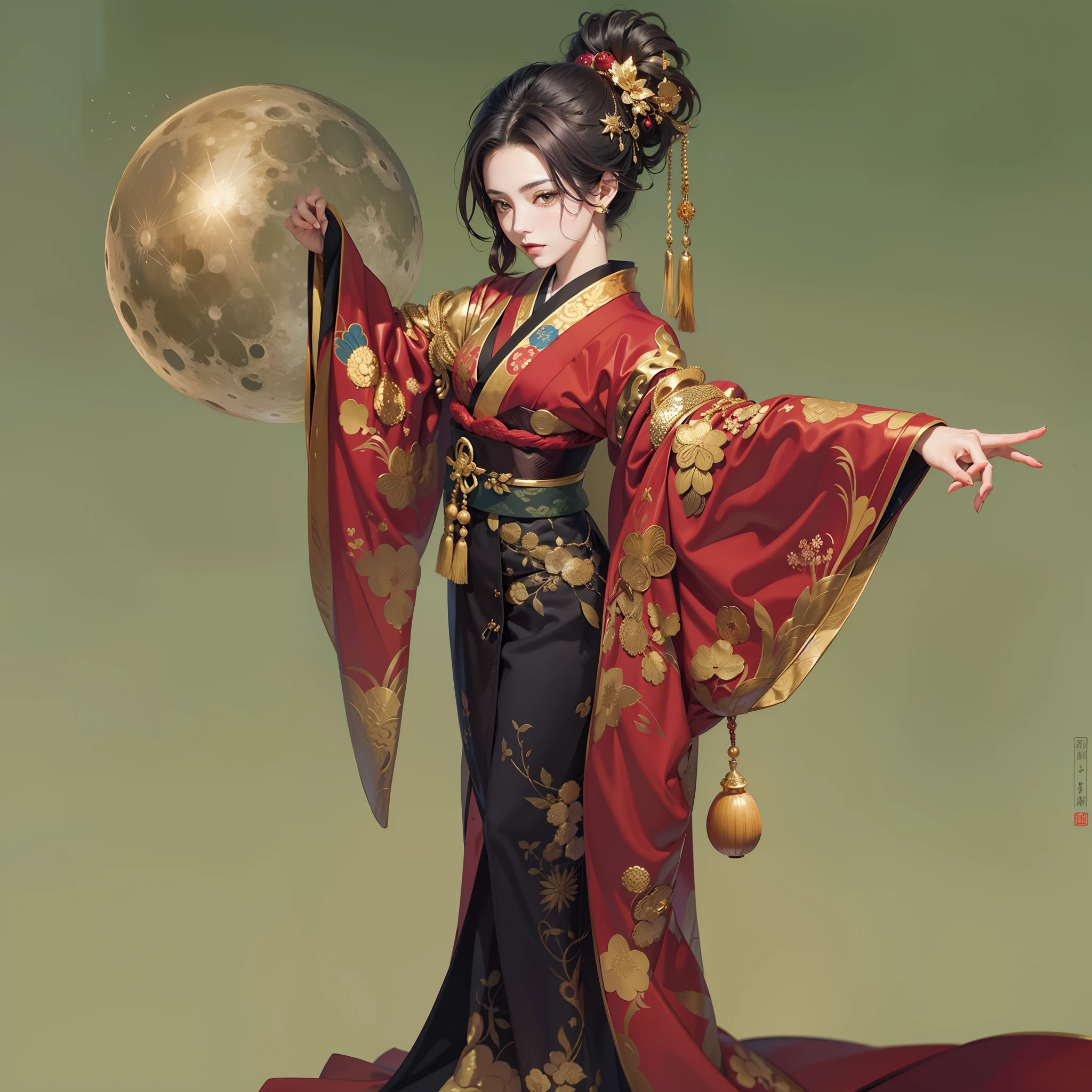 Detailed background((a moon：1.5),Desolate city)、BREAK,elaborate costume{Luxury kimono(Dark red kimono(Detailed golden embroidery,))}、(Japanese Idol(actress):1.2)(face perfect:1.2),Depicting a beautiful and classy adult woman。glossy dark hair,poneyTail,Heart in the eye。 Wallpapers 16K, .Blur the background with a sickle,((masutepiece)), ((Best Quality)),{{a portrait photo of}},full body Esbian、Faraway view,Like a corporate logo