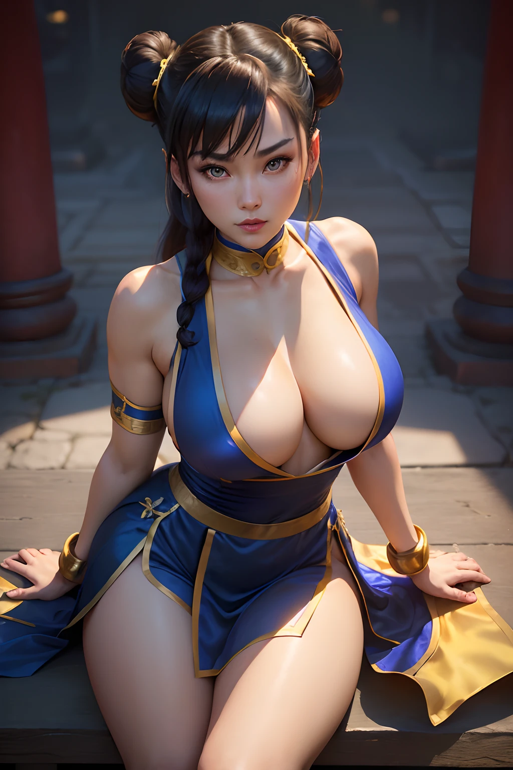 ((Chun-li from street fighter series))(she has big glowing eyes)(bright red lips) (two bun hairstyle tied with long hair band)(dark eyeshadows make up)((very huge breasts)) (perfect slim body) (wears blue qi pao dress with yellow ornament, black bracelets, long white boots) (posing inside budist temple) (high definition, volumetric lights and dinamic shadows)((masterpiece))(8k)(perfect face)(ultra details) (perfect hands, eyes, and face)