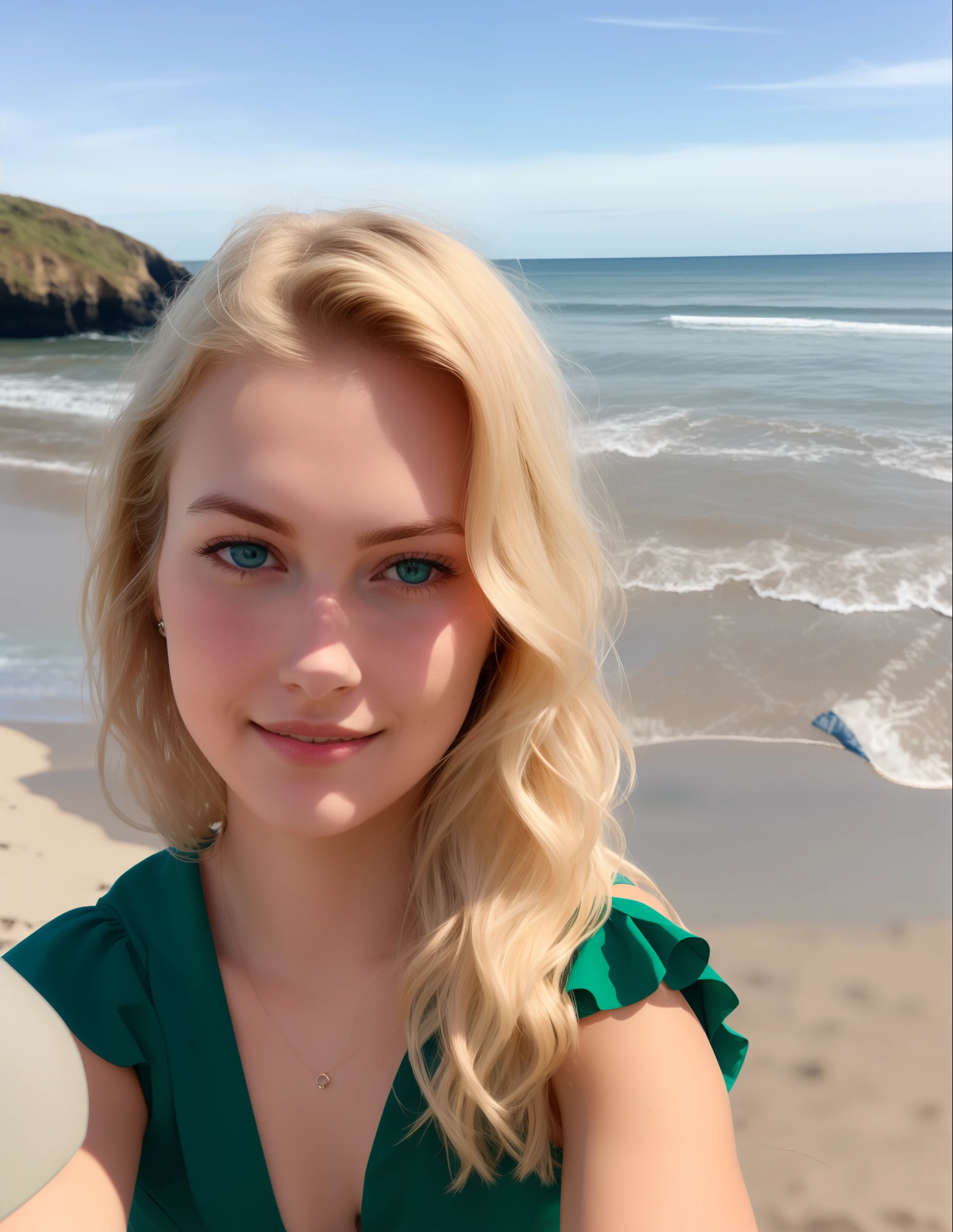 Blonde skin, blonde hair, dark green small eyes, 21 years old, cute with blue dresses at the beach