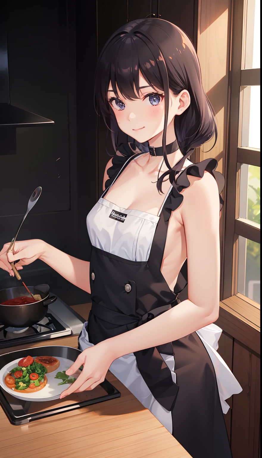 Please draw a cute girl cooking naked in an apron in the kitchen