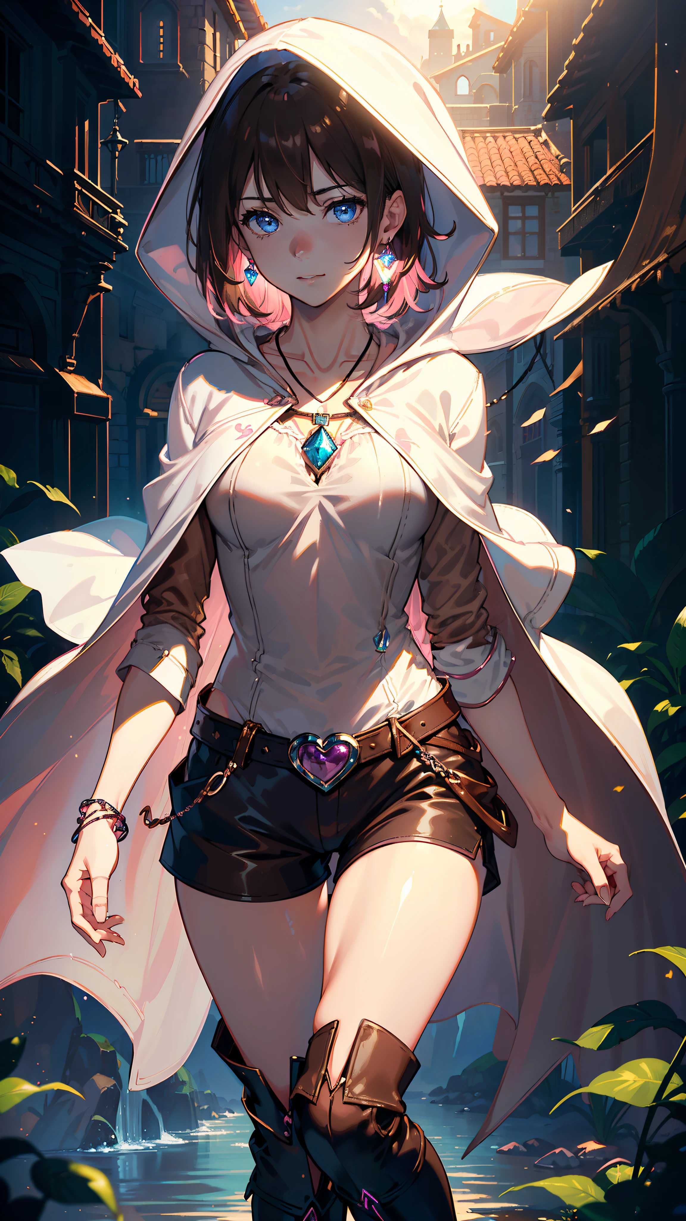 masutepiece, ultra-detailliert, 8K Portrait, Raw photo, a portrait photo of, Highly detailed face, beautiful and meticulous eyes, ((Fantasy)), Young beautiful, girl, Light brown short hair, Kind face, Cute smile, adventurer, (((Hooded))) (((White silk long cape))) Fluttering in the wind, (((Brown Shirt Dresses))), (((Dark brown shorts))), ((Leather boots)), (((Pink Heart Necklace))), One-sided blue earrings, ((Single Sided Blue Jewel Bracelet)), Holding a bottle of maple syrup, Midday Sun, Hyper realistic, Body model, tiny chest, beutiful breast, Long legs, in a castle, Camera focus on face, Ambient lighting, Shadow details, strong breeze, Light fog