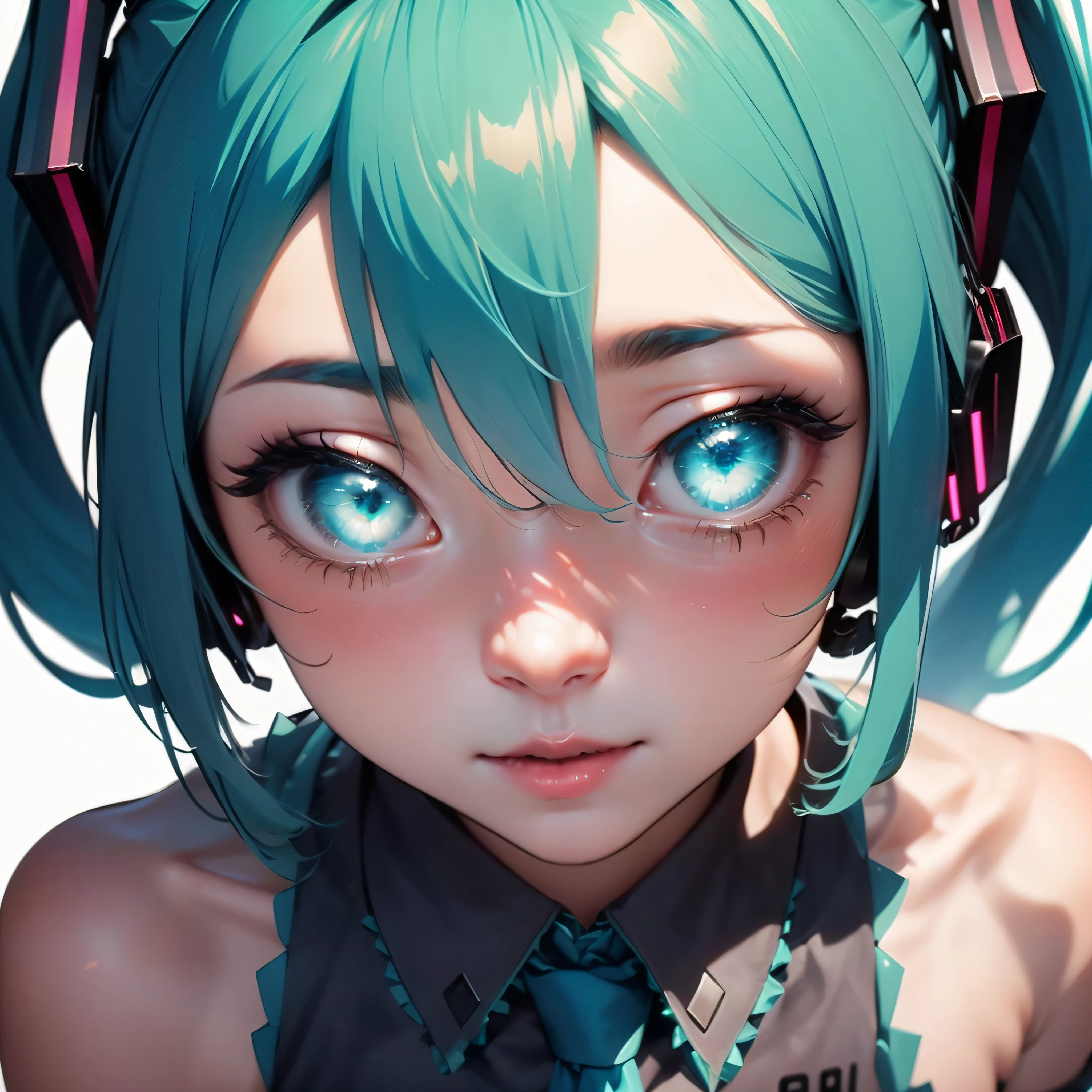 (masterpiece, intricate details), 1girl, mature female, idea _face, BREAK hatsunemiku, (Hatsune Miku, glowing eyes), , miku hatsune, ahoge, aqua eyes, aqua hair, crossed bangs, hair between eyes, hair ornament, headphones, long hair, twintails,