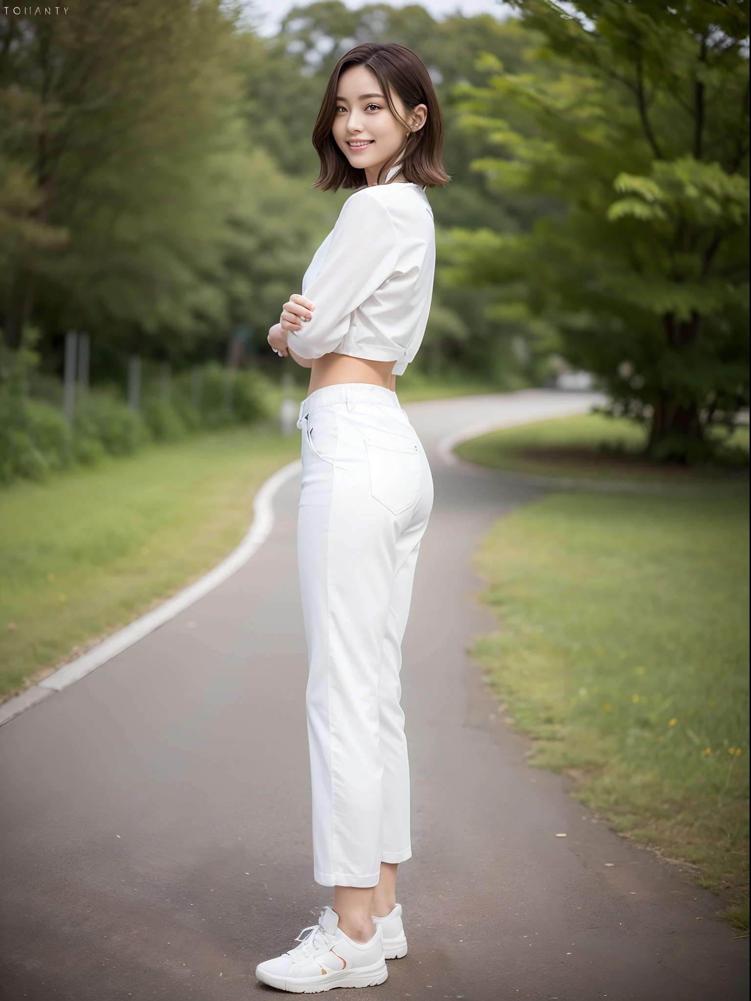 (Photorealsitic)Beautuful Women, (8K Beauty Full Body Portrait), Stand alone, White karate uniform with no stomach visible, White karate pants, 17 age, Perfect facial detail, attractive beautiful face, 二重まぶた, Beautiful detailed eyes, long eyeslashes, (Smile: 1.15), ligh brown hair, Hair that does not fall on the shoulders, TOKYOcty,1 female, Toned waist, Beautiful thin legs, toned ankles, bare-legged ,