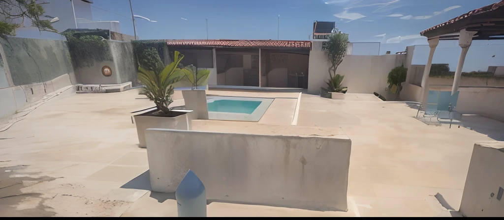 There is a pool in the middle of a concrete block, piscina em frente, imagem frontal, piscina, imagem de listagem, piscina, Foto realista, Fotografia tirada em 2 0 2 0, adreas Rocha, em Chuquicamata, casa completa, vista externa, piscina, imagem limpa, courtyard, Rocha, Directed by: Milton Menasco cor do piso cinza, with ceramic model. Cor da paredes amarela