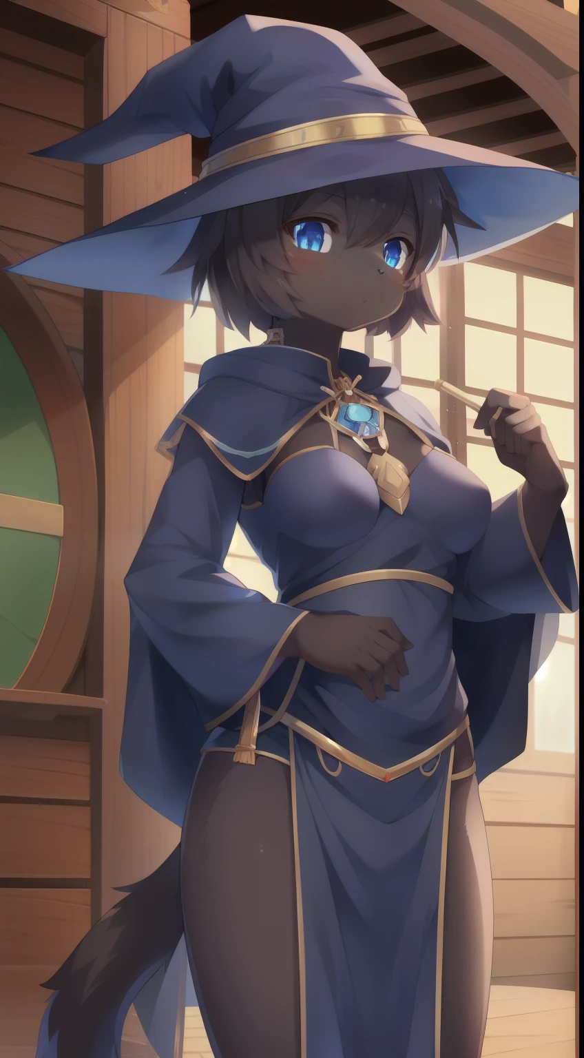 masterpiece, solo, 1girl, Furry, kemono, furry cat, anthropomorphic, female, black fur, black skin, blue eyes, medium breasts, wizard clothes, revealing clothes, fantasy town, uploaded on e621,