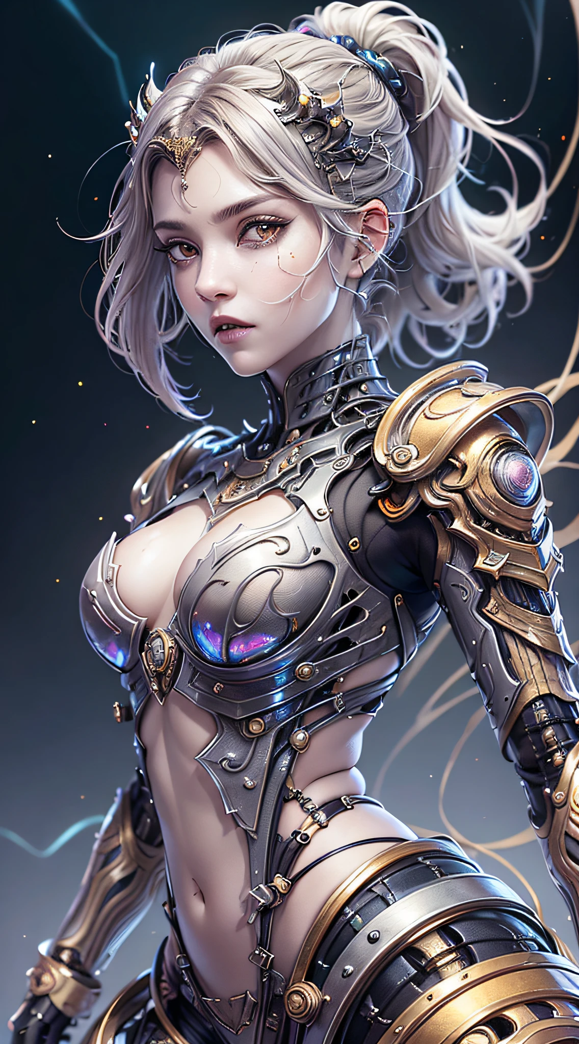master part, best quality, super detalhado, very detailed illustrations, Very detailed, detalhes intrincados, high resolution, Detalhes super complexos, muito detalhado 8k CG wallpaper, Lente Completa, caustics, reflexions, ray tracing, Nebulosas, halos escuros, Efeitos de rede, (1girl:1.1),sozinho, ((cara muito bonita)), ((rosto muito detalhado)), ((Cara alegre)), (((mamas abertas))),(cabelo platinado;), ((Menina de ferro)), (Full mechanical armor), armadura muito fina e detalhada), (lightning wrapped around the body), raios de luz, sunlight, cena de batalha, ((extremely detailed rendering))