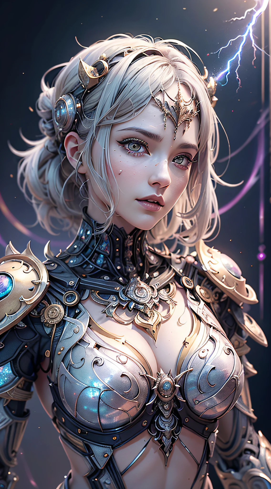 master part, best quality, super detalhado, very detailed illustrations, Very detailed, detalhes intrincados, high resolution, Detalhes super complexos, muito detalhado 8k CG wallpaper, Lente Completa, caustics, reflexions, ray tracing, Nebulosas, halos escuros, Efeitos de rede, (1girl:1.1),sozinho, ((cara muito bonita)), ((rosto muito detalhado)), ((Cara alegre)), (((mamas abertas))),(cabelo platinado;), (( de ferro)), (Full mechanical armor), armadura muito fina e detalhada), (lightning wrapped around the body), raios de luz, sunlight, cena de batalha, ((extremely detailed rendering))