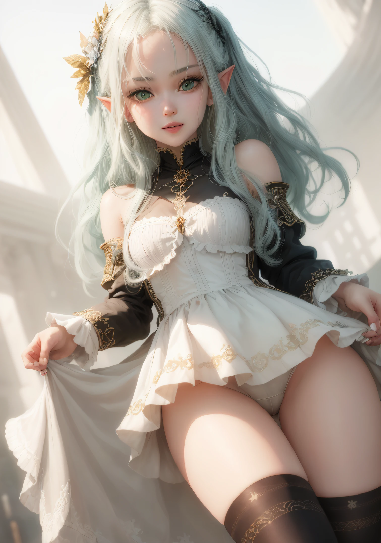 The girl stands and looks at the camera, A girl stands at a fair, green eyes and white hair, She lifts her skirt with her hands, Upskirt, blue skies, Beautiful clear blue sky, green hairpins in the hair, skinny waist, Slender figure, Appearance of the model, confusion, sexuality, green colored eyes, People's casual clothes, black clothing, pantyhouse, black tights, little chest, You can see the, Upskirt, black clothing, White underpants, Elf Girl, Sweet girl, attractive anime girl, beautiful anime girl, Cute beautiful anime woman, detailed digital anime art, beautiful anime girl, beautiful anime girl, Anime with small details, Best Quality, Masterpiece, Ultra-detailed, Beautiful, hight resolution, Original,CG 8K ультрареалистичный, perfect artwork, beatiful face, Face Clean, Skin, hyper realistic, Ultra Detailed, A detailed eye, dramatic lighting, (Realistic) Realistic, Full HD, Best Quality, Best Quality, Beautiful lighting, (8k wallpaper of extremely detailed CG unit), High Details, sharp-focus, The art of dramatic and photorealistic painting, beautiful smile,