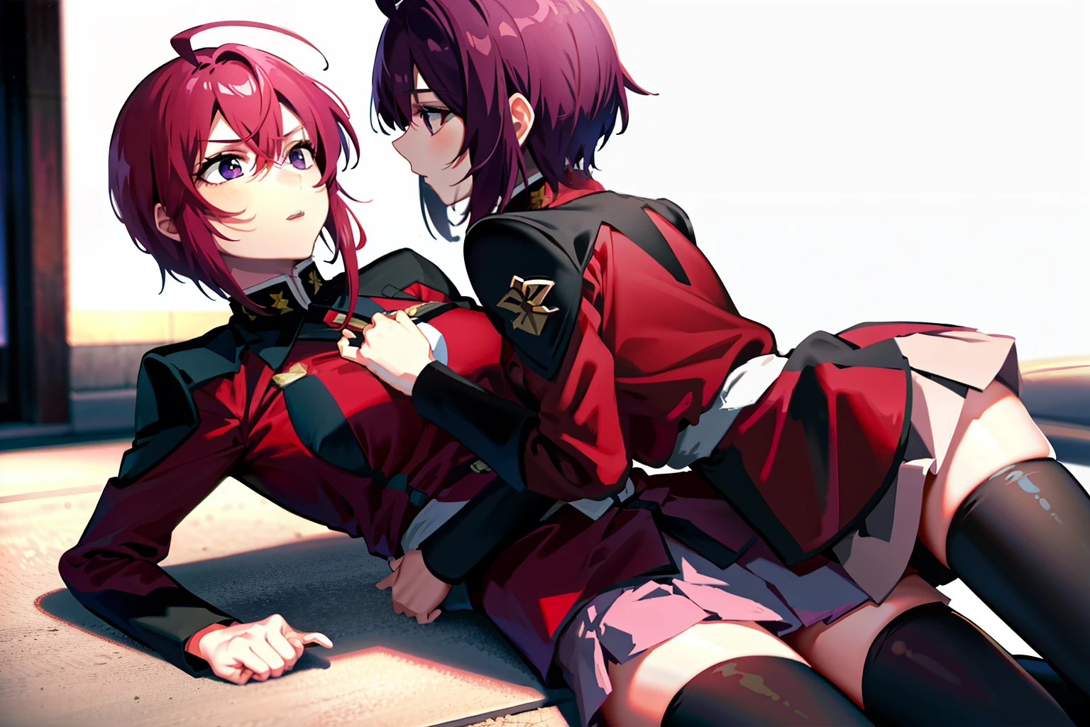 masterpiece, best quality, highres, 2girls fighting with hand combat lying down, pink skirt, military uniform, short hair, ahoge, black thighhighs, red hair, purple eyes, purple hair, long sleeves, indoo