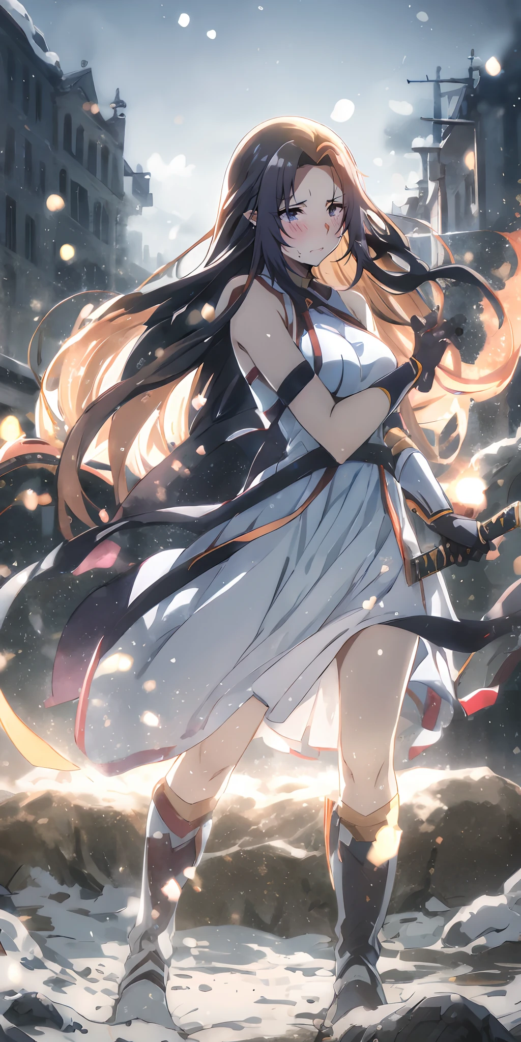 (black hair, long hair:1.4), 1girl, solo, dress, floating_hair, standing, breasts, katana, boots, looking_at_viewer, holding_katana, white_dress, medium_breasts, snowing, short_dress, gloves, armor, sword, sleeveless_dress