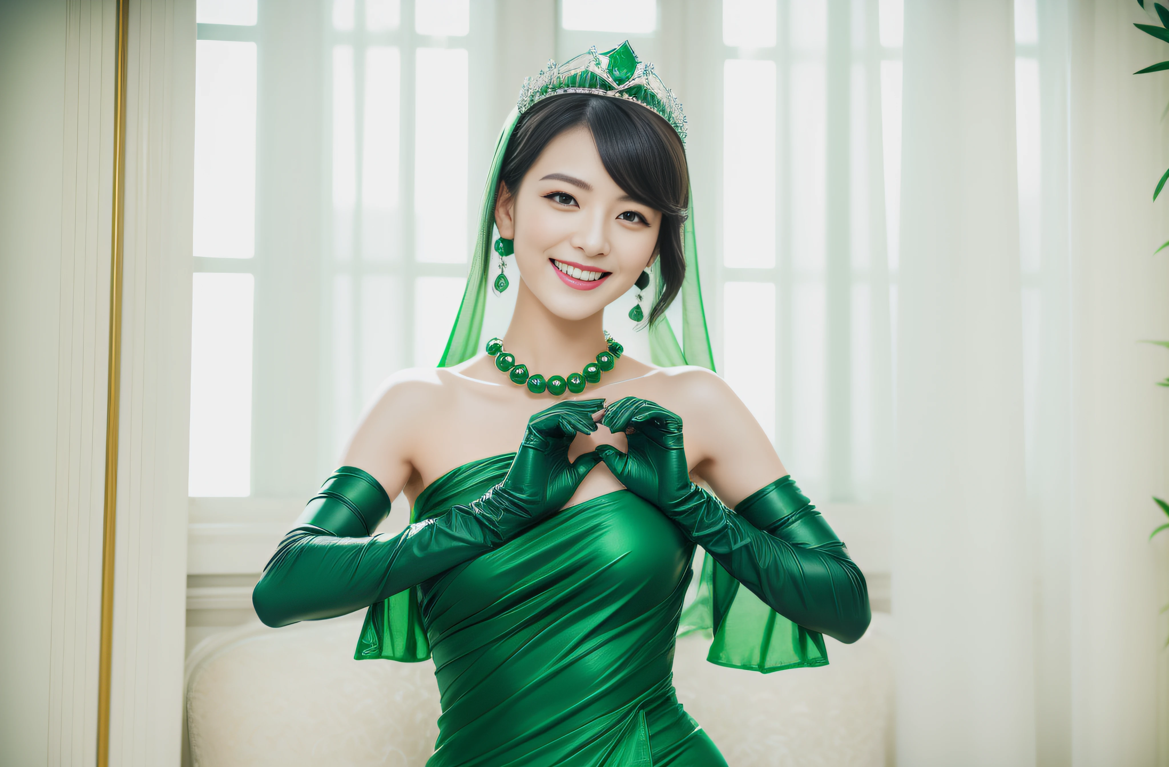 Boyish very short black hair, lipsticks, Japan woman smiling, Green Long Grove, Emerald Tia boyish very short black hair, lipsticks, Japan woman smiling, Satin green long gloves, emerald tiara, Green Pearl Necklace, verd s eyes, Green eyes, Long green gloves made of satin material, big breasts beautiful, Green Bridal Veil