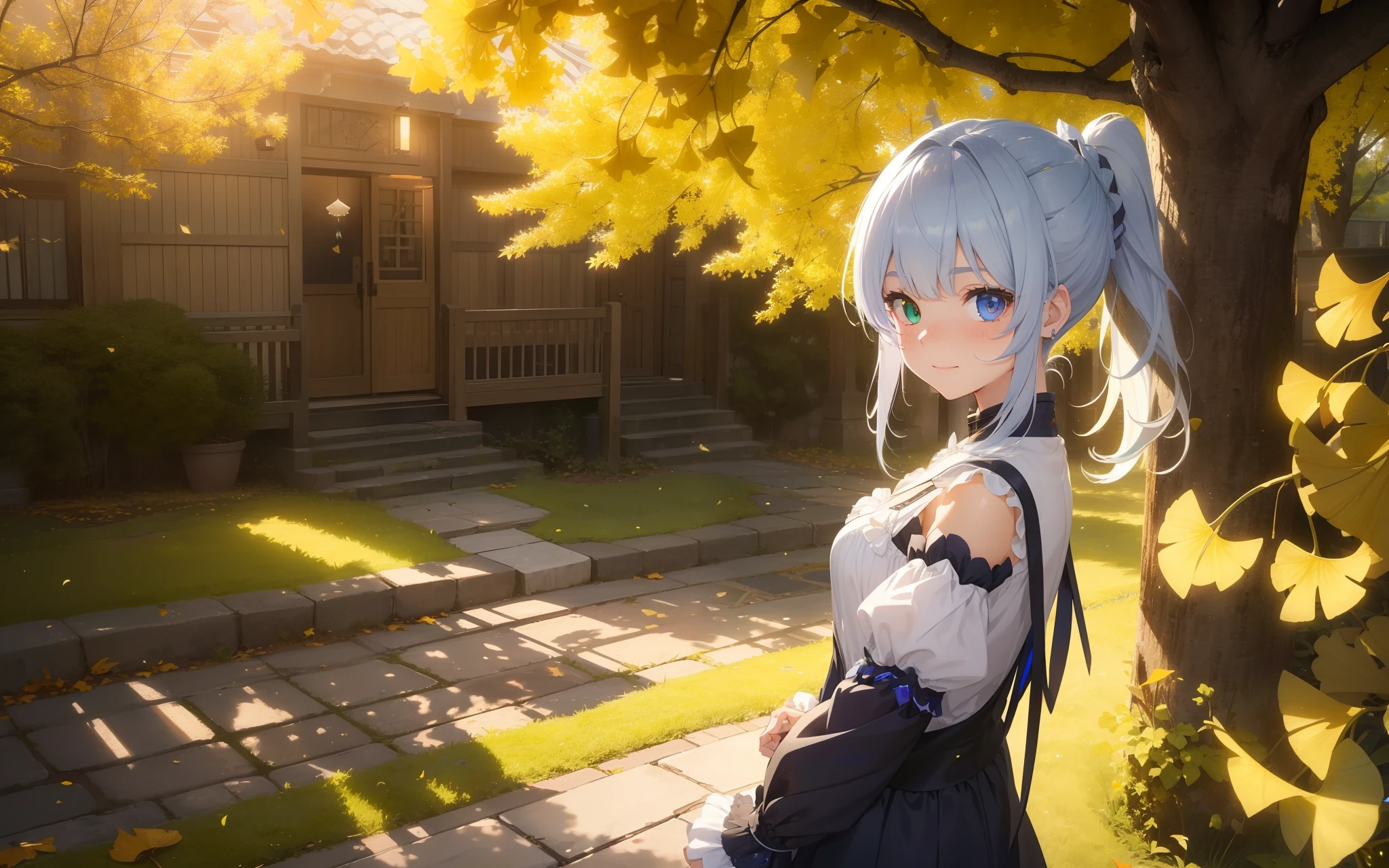 top-quality、Photorealsitic、The ultra-detailliert、delicate、orderly、High Details、bluish-silver ponytail、(Drooping heterochromia iris:1.4)、Gamine、10yaers old、embarrassed from、a smile、A slender、cowboy  shot、blured background、(1 girl in:1.1)、GameCG、dynamic ungle、(Bioluminescent hair、radiant eyes:1.2)、ambient occlusion、ambient lights、ray trace reflection、Glow、glowing aura、Radiant hair、autumnal、ginkgo、Gingko leaves scattering、Gingko trees