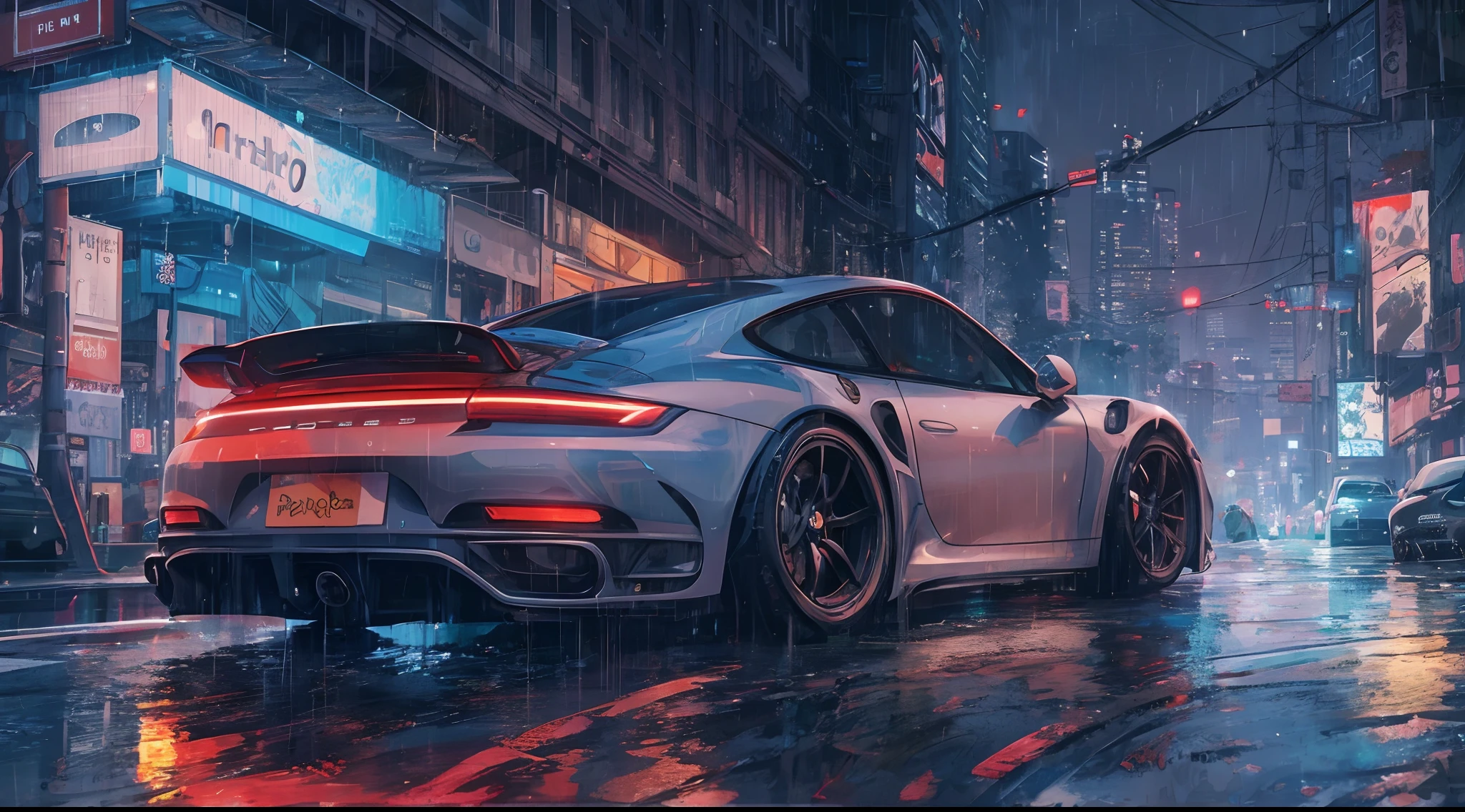 1 car, Porsche 992 turbo S, City street, futuristic, cyber, cyberpunk, night, Rainy, rainy, beautiful lighting, colorful lighting, super detailed, wallpaper, 8k quality, masterpiece