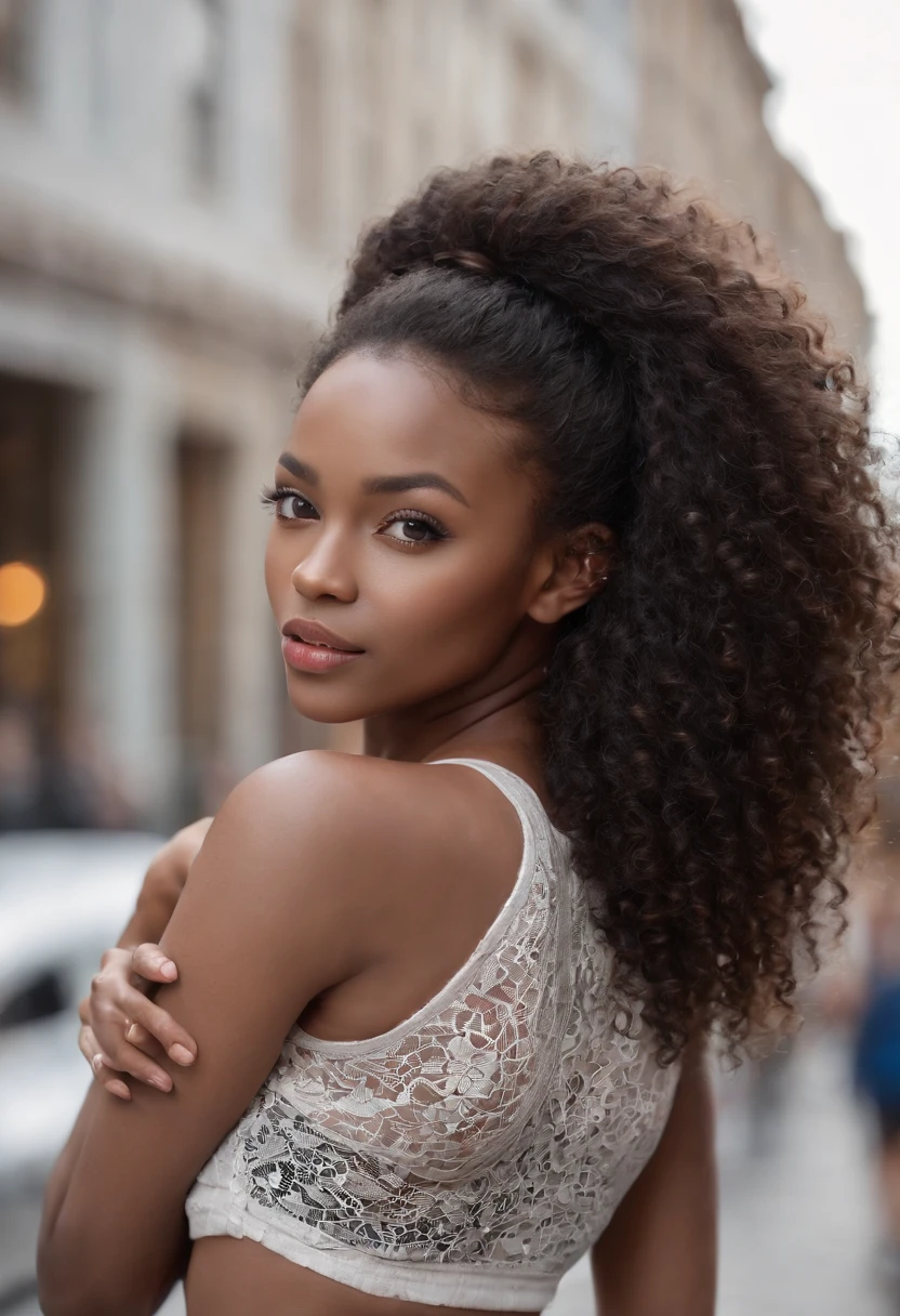 ((Dark African skin, Very deep ebony skin)), ((Its beauty is undeniable)), ((cute excited face)), ((Hyper detailed perfect eyes,)), ((pose mignonne)), ((Langue sortie)), ((attirant )), sexy, (( Tight knit shirt, shorts courts sexy)), ((Afro curly African hair afro ponytail afro,)), (( peau)), ((debout, Vue de face)), ((Toucher ses propres jambes dans une pose sexy)), ((Dehors, Ville publique)), CGI ciblé, Fotorrealista, High detail, Realstic, Master part, Absurde, Best quality, Hdr, highly quality, high-definition, extremly detailed, 8k wallpaper, intricate high detail, 8K UHD, Full-HD, (photo realist:1.2), contraste, intense illumination, lighting cinematic, natural lighting, hard light, contre-jour, Illumination globale, occlusion ambiante