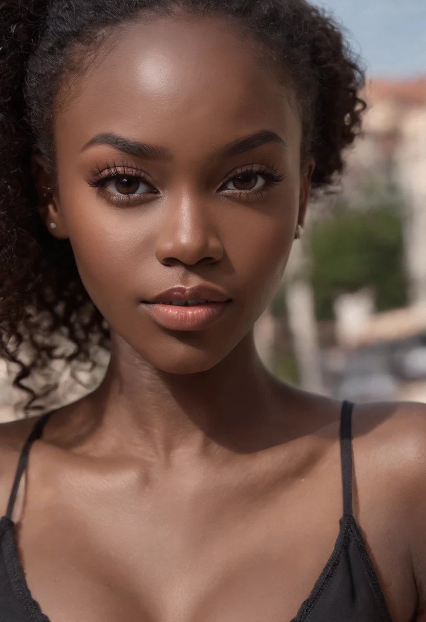((Dark African skin, Very deep ebony skin)), ((Its beauty is undeniable)), ((cute excited face)), ((Hyper detailed perfect eyes,)), ((pose mignonne)), ((Langue sortie)), ((attirant )), sexy, (( Tight knit shirt, shorts courts sexy)), ((Afro curly African hair afro ponytail afro,)), (( peau)), ((debout, Vue de face)), ((Toucher ses propres jambes dans une pose sexy)), ((Dehors, Ville publique)), CGI ciblé, Fotorrealista, High detail, Realstic, Master part, Absurde, Best quality, Hdr, highly quality, high-definition, extremly detailed, 8k wallpaper, intricate high detail, 8K UHD, Full-HD, (photo realist:1.2), contraste, intense illumination, lighting cinematic, natural lighting, hard light, contre-jour, Illumination globale, occlusion ambiante