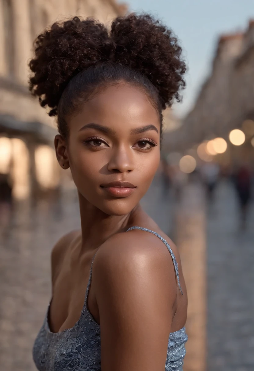 ((Dark African skin, Very deep ebony skin)), ((Its beauty is undeniable)), ((cute excited face)), ((Hyper detailed perfect eyes,)), ((pose mignonne)), ((Langue sortie)), ((attirant )), sexy, (( Tight knit shirt, shorts courts sexy)), ((Afro curly African hair afro ponytail afro,)), (( peau)), ((debout, Vue de face)), ((Toucher ses propres jambes dans une pose sexy)), ((Dehors, Ville publique)), CGI ciblé, Fotorrealista, High detail, Realstic, Master part, Absurde, Best quality, Hdr, highly quality, high-definition, extremly detailed, 8k wallpaper, intricate high detail, 8K UHD, Full-HD, (photo realist:1.2), contraste, intense illumination, lighting cinematic, natural lighting, hard light, contre-jour, Illumination globale, occlusion ambiante
