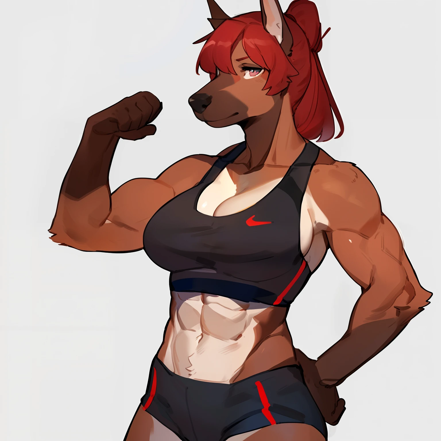 By bebebebebe, by wsache, by greasymojo, by inu-sama, solo, standing, female, athletic, muscular, big biceps, sports bra, cleavage, (((defined abs))), (((hair, snout, detailed eyes))), grey dobermann, red hair, black nose
