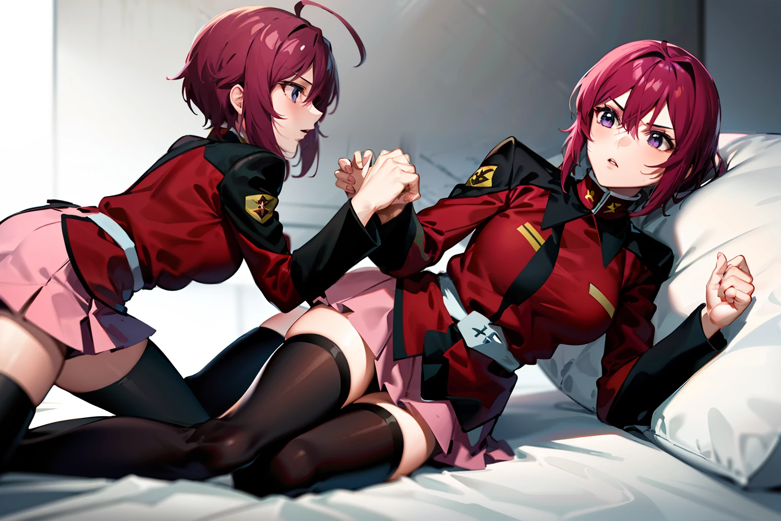 masterpiece, best quality, highres, 2girls fighting with hand combat lying down, pink skirt, military uniform, short hair, ahoge, black thighhighs, red hair, purple eyes, purple hair, long sleeves, indoo