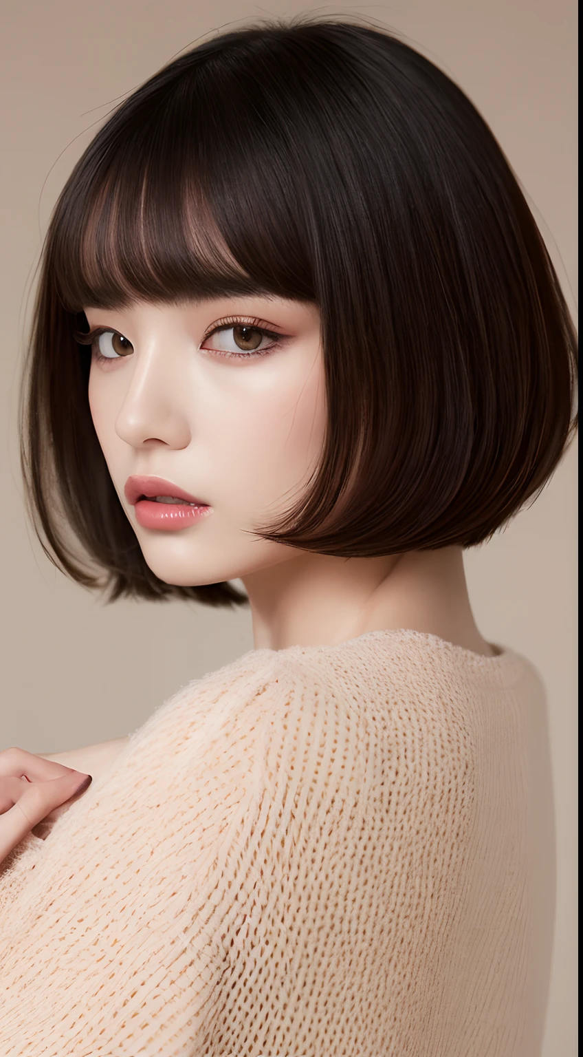 Best quality, 2024 trend makeup for Korean female model, Curtain Bangs and Shag Haircut, editorial fashion, detailed eyes, hyper resolution