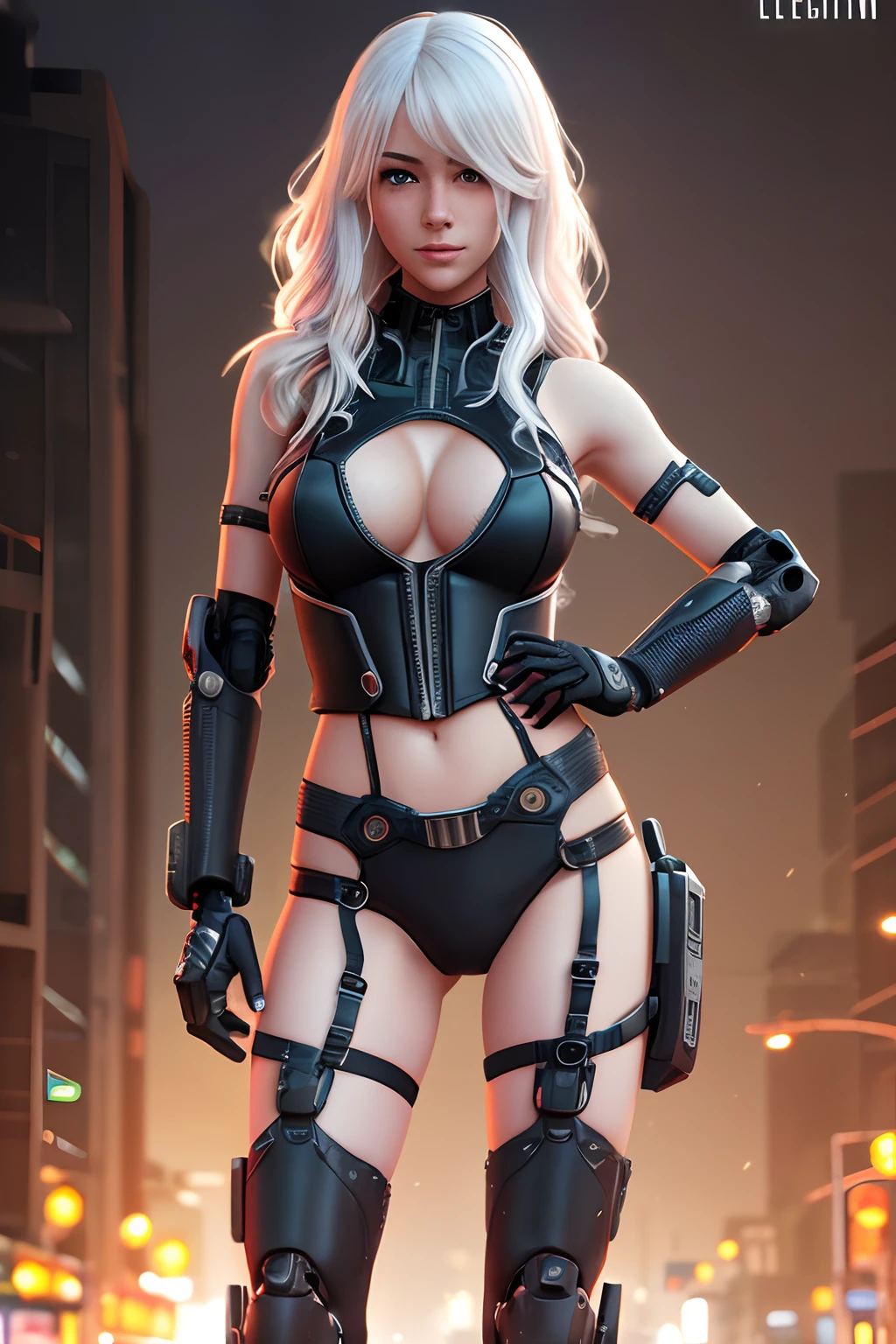 cyberpunk, night, dark, neon lights. city, dystopian future, sci-fi, (8k), (best quality), (masterpiece:1.2), (realistic), (photorealistic:1.0), ultra-detailed, 1 cyborg girl, robot, steel arms, prostetics, cyborg, half robotic, small tits, 20 yo, milf, sexy tanktop, open laether jacket, garters, legs, full body, cute, freckles, beautiful detailed eyes, beautiful detailed nose, garters, sexy legs, realistic skin texture, attractive face, long hair, white hair