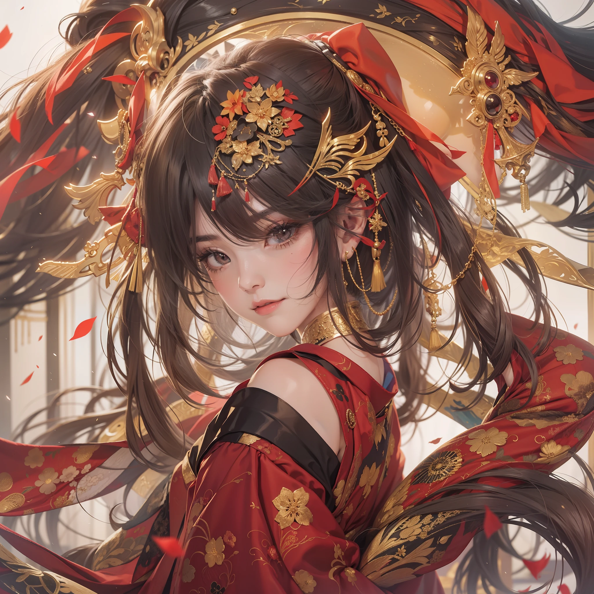 Detailed background((a moon:1.5),Desolate city)、BREAK,elaborate costume{Luxury kimono(Dark red kimono(Detailed golden embroidery,))}、(Japanese Idol(actress):1.2)(face perfect:1.2),Depicting a beautiful and classy adult woman。glossy dark hair,poneyTail,Heart in the eye。 Wallpapers 16K, .Blur the background with a sickle,((masutepiece)), ((Best Quality)),{{a portrait photo of}},full body Esbian、Faraway view,Like a corporate logo