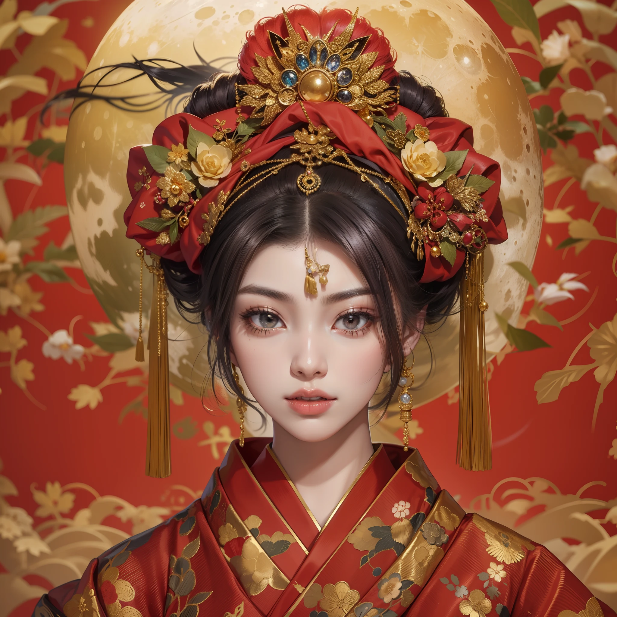 Detailed background((a moon：1.5),Desolate city)、BREAK,elaborate costume{Luxury kimono(Dark red kimono(Detailed golden embroidery,))}、(Japanese Idol(actress):1.2)(face perfect:1.2),Depicting a beautiful and classy adult woman。glossy dark hair,poneyTail,Heart in the eye。 Wallpapers 16K, .Blur the background with a sickle,((masutepiece)), ((Best Quality)),{{a portrait photo of}},full body Esbian、Faraway view,Like a corporate logo