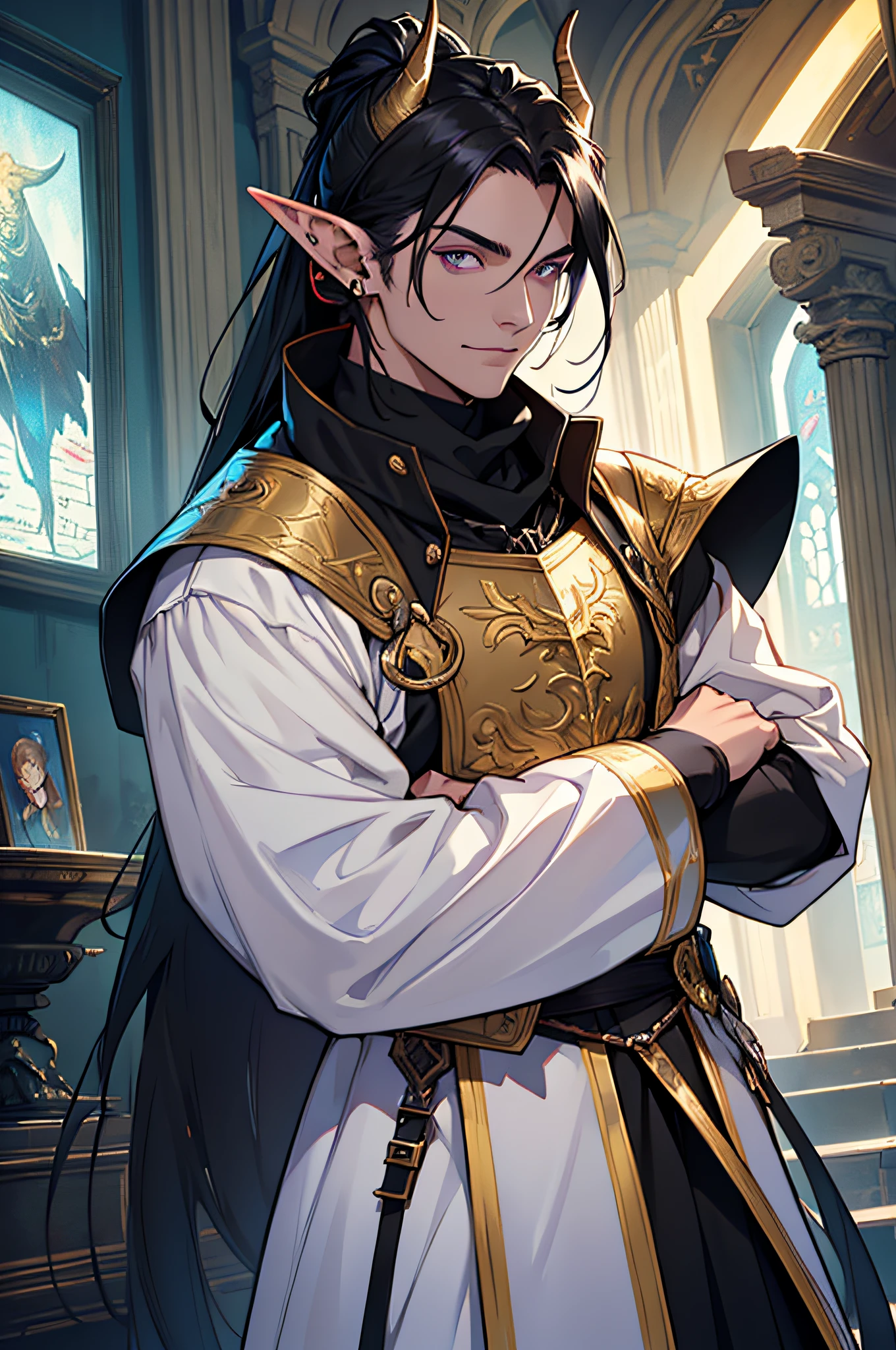 (masterpiece, Top quality, best quality, official art, beautiful and aesthetic: 1,2), ((1 man)), masculine, elegant, expresive eyes, (fraktale Kunst: 1,3), colorful, very detailed, (perfect face), half body, looking at viewer, dutch angle, cowboy shot, (long black hair), ponytail, (purple eye color), long elf like ears, two long demon horns on the head, leather armor, Clothing for the Middle Ages, assasin, dagger, light smile, HDR, (white gold lines: 1,2), Galaxie, (Lichtstreifen), eye-catching graphics, (dynamische Streifen, leuchtende Spuren: 1,2), lebendige Farben, (phoenix), (Drache)