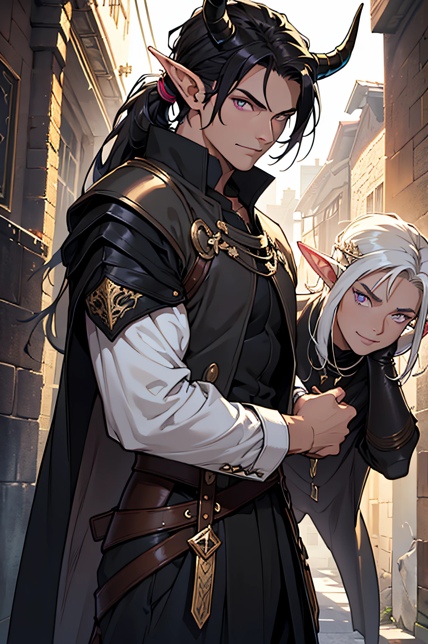 (masterpiece, Top quality, best quality, official art, beautiful and aesthetic: 1,2), ((1 man)), masculine, elegant, expresive eyes, (fraktale Kunst: 1,3), colorful, very detailed, (perfect face), half body, looking at viewer, dutch angle, cowboy shot, (long black hair), ponytail, (purple eye color), long elf like ears, two long demon horns on the head, leather armor, Clothing for the Middle Ages, assasin, dagger, light smile, HDR, (white gold lines: 1,2), Galaxie, (Lichtstreifen), eye-catching graphics, (dynamische Streifen, leuchtende Spuren: 1,2), lebendige Farben, (phoenix), (Drache)