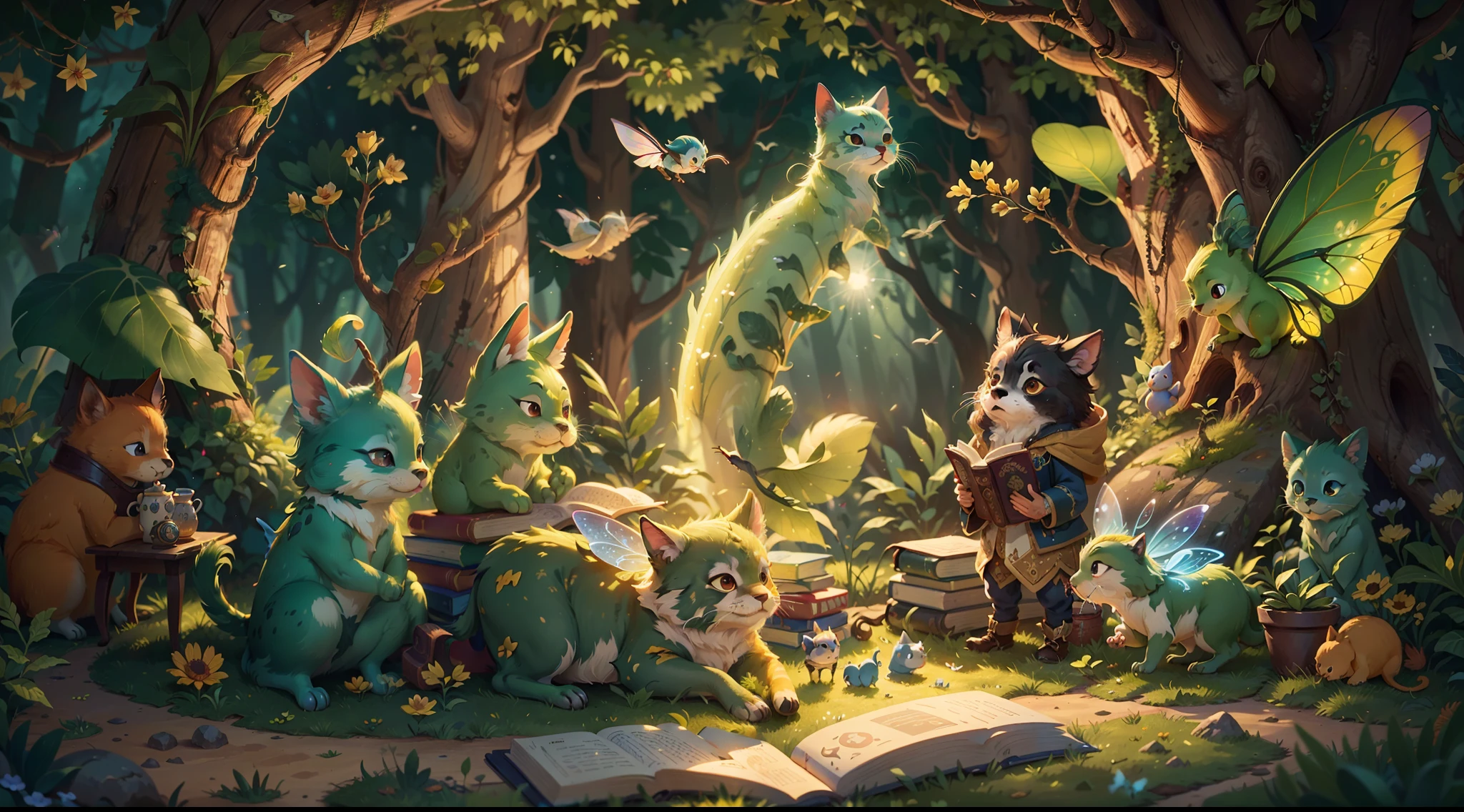 A fantastical fairy tale picture book, open state, animals and magical light emerge from the book, (((4K, masterpiece, high quality, high details)))