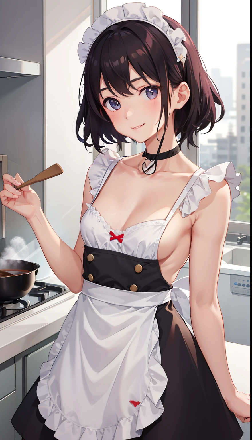 1girl in、A smile、Cooking in your room、barechested、, Wearing only a small apron、simple apron, simple design apron, tight apron, (white apron), one-piece apron, covering only the front, bareback, bare bottom, medium breast, Black choker,