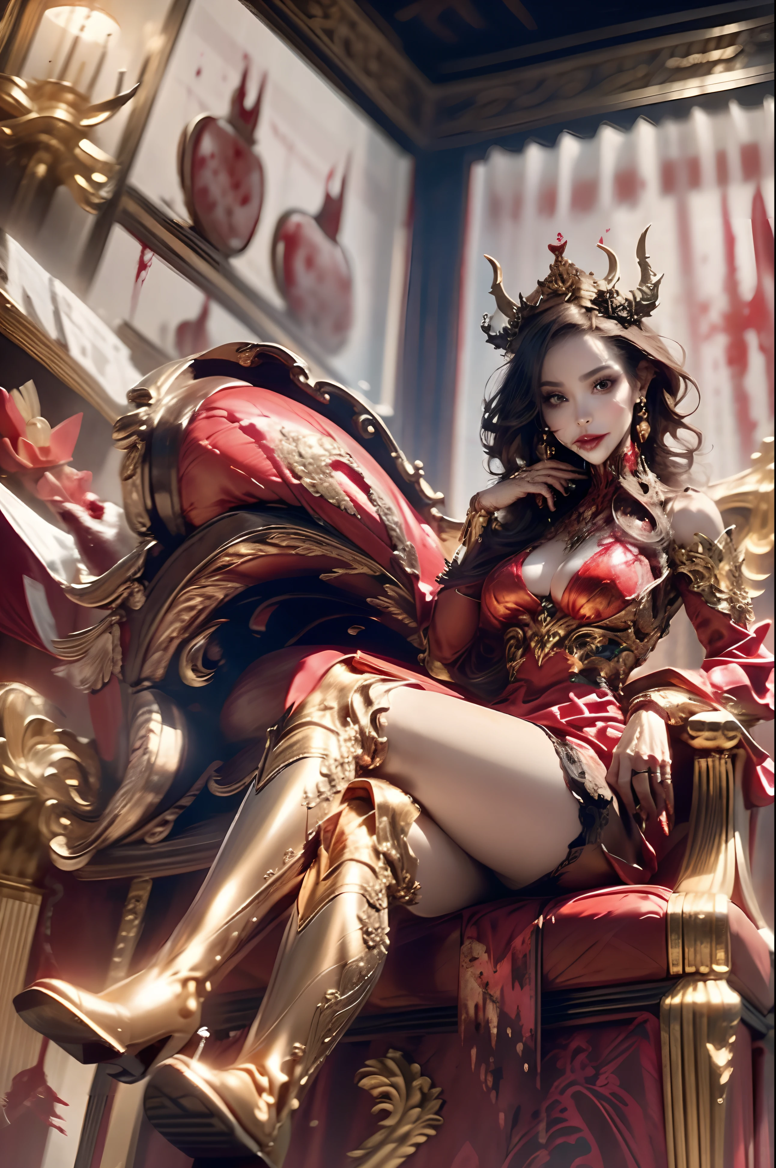 A beautiful and sexy demon queen, seated on a majestic throne,cross legged position, wearing high heel boots,((blood dripping from her mouth))