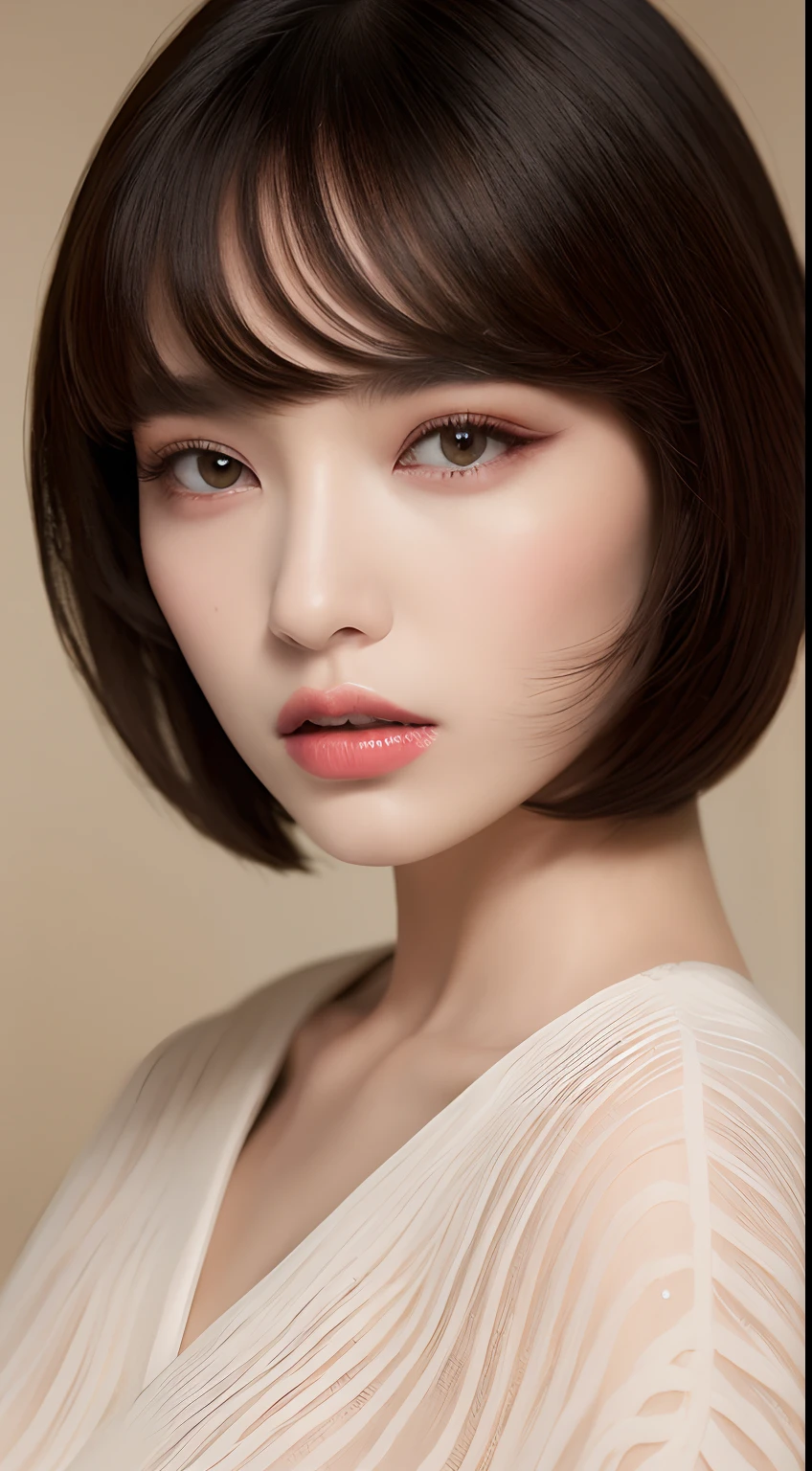 Best quality, 2024 trend makeup for Korean female model, Curtain Bangs and Shag Haircut, editorial fashion, detailed eyes, hyper resolution