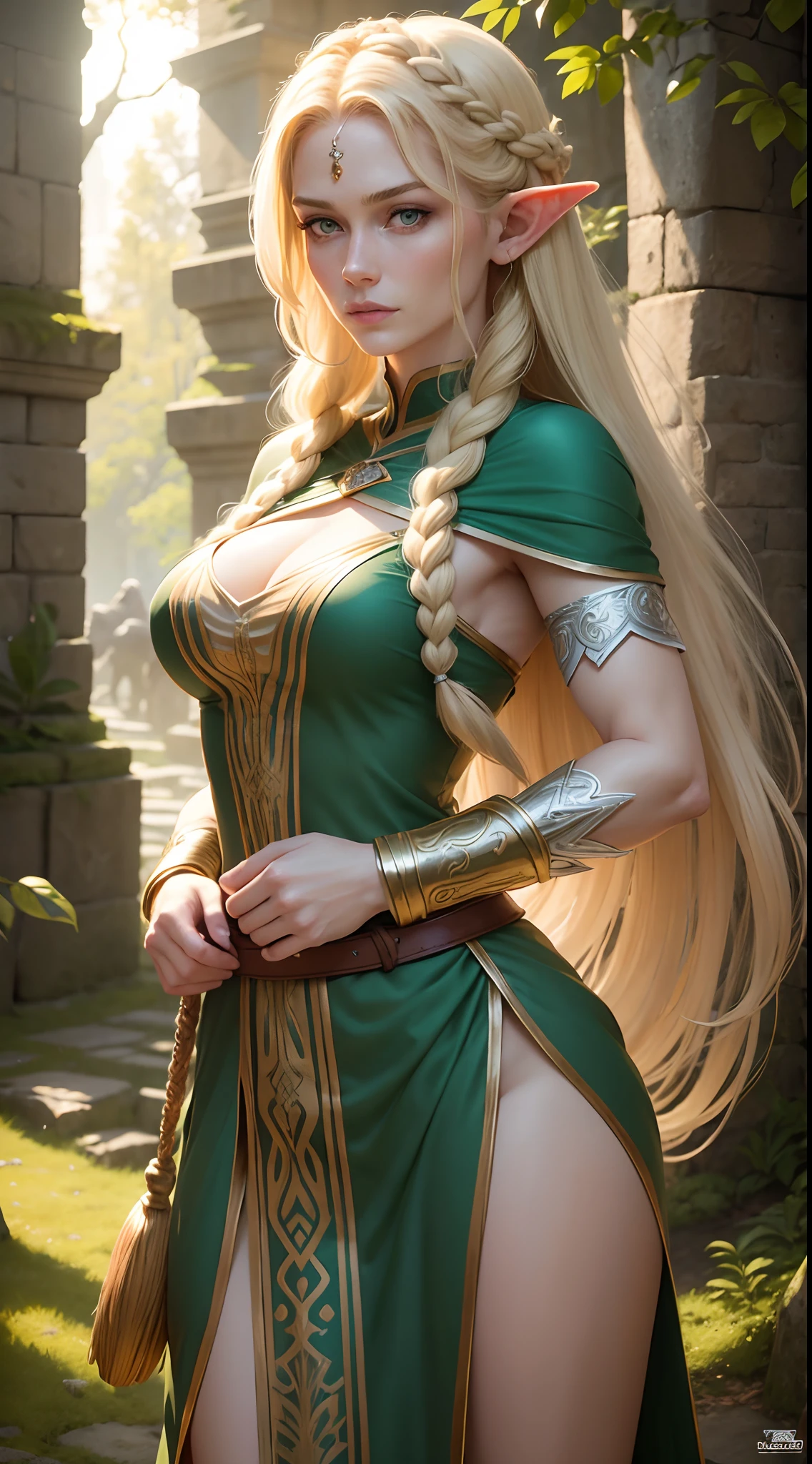 Alyssa Sutherland como uma loira MYTHOLOGICAL ELF em um longo vestido verde, estilo grego, tecido leve, com fendas laterais, detalhes dourados, longos braceletes, golden armlets, coxas torneadas expostas, strong facial expression, look at the camera, olhos claros, long braided blonde hair, orelhas de ELFO expostas, corpo atletico, musculatura definida, Mulher Destemida, Body position of greatness, perspectiva de corpo inteiro, castelo, floresta, cavalo, Imagem 32K altamente detalhada