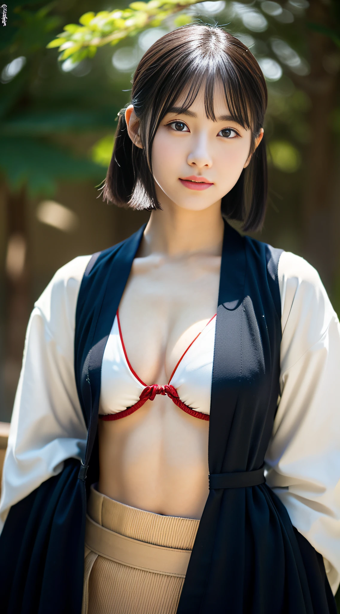 (((32k,high detal,high-detail、masterpiece,Attention to detail,full body Esbian,独奏))),Raw photo & realistic atmosphere,beautiful dark blue eyes,Detailed mouth,Glossy lips,Detailed eyebrows,Eyes drawn in detail with soft white skin that shines in every detail、Very beautiful eyes with azure eyes,Detailed lips、Very beautiful face,Very well-formed face、Lifelike face,shiny beautiful lips,Beautiful eyebrows,Infinite reality, Realistic Young Gravure Idol,Very cute high school girl, , Young Sensual Gravure Idol, Young Gravure Idol, extremely beautiful and cute17-year-old pointed samurai beautiful girl,with a flushed face,Incredibly beautiful and classy17 year old beautiful girl,natural soft light,(Black shiny hair,,bare-legged,Samurai kimono and black hakama,Beautiful kind eyes:1.5),(youthfulness,Heavy wear,Return to bare neck,Gentle smile,well-shaped breasts,,Immature body,japanese samurai,Japanese-style kimono based on red, Black and navy blue,Japanese style medium shorthair,Hang your hair high and tie it into one,Beautiful posture,crouching down,no-makeup,woman samurai,woman swordsman,Influence of Shinsengumi,Looking into the distance,Japanese pattern haori,Japanese style hair ornament,cleavage of the breast,Wearing bowl rolls,No bra,Black Hakama,real face,No makeup:1.6)