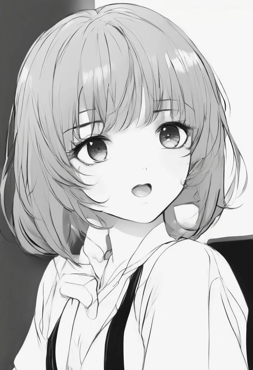 (best quality, highres, realistic:1.37), detailed face, big surprised and scared eyes, open mouth, exaggerated facial features, cute and round face, simple and minimalistic style, manga, anime, black and white, monochrome, minimal shading, clean lines