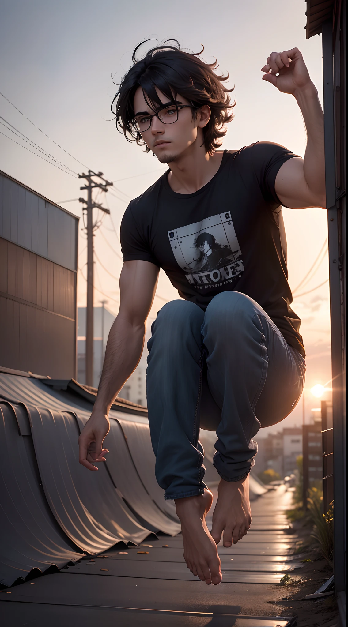 1 man 19 years old, black hair, messy hair, shaggy hair style, shoulder-length hair, bespectacled, hair over one eye, purple eyes, wearing black t-shirt, wearing long jeans, bare feet, from the front, front view, hold the laptop tightly with both hands, sliding on the corrugated iron roof, both legs contract, grounding, prepare to land, eyes looking down, slightly bent down, slightly at the back, grind teeth, clenched teeth, bared teeth, falling, jumping, he jumped in the air, he is floating in the air, jump, dramatic action photography, full body, full character, face looking forward, the roof is made of corrugated iron, rooftop, above the alley, power poles, window on the far side, late afternoon, are on the 2nd floor, sky, dynamic low angle shooting, extremely detailed, best graphics, 8k, ultrasharp, masterpiece